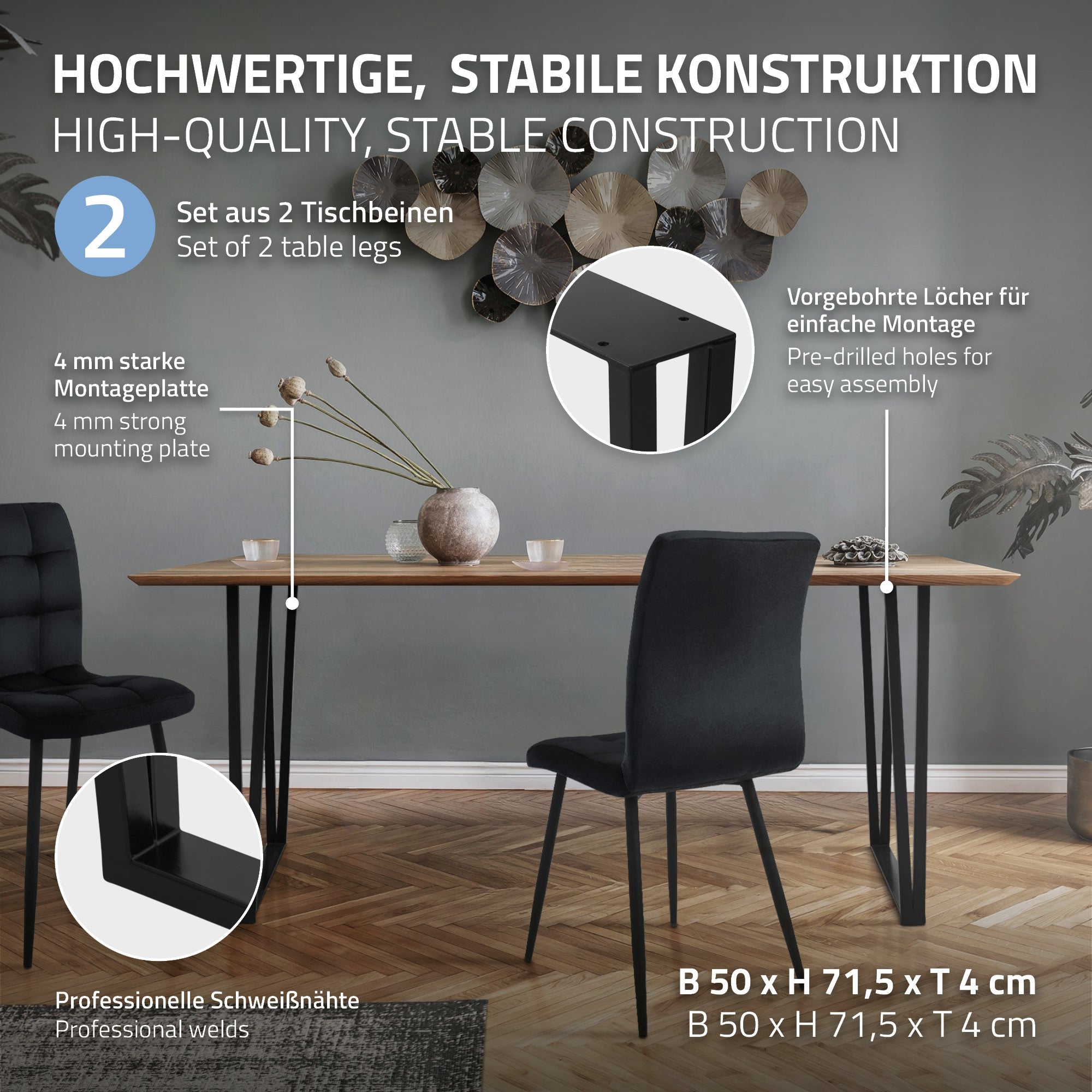 Tisch mit stabilen Beinen und Montageanleitung.
