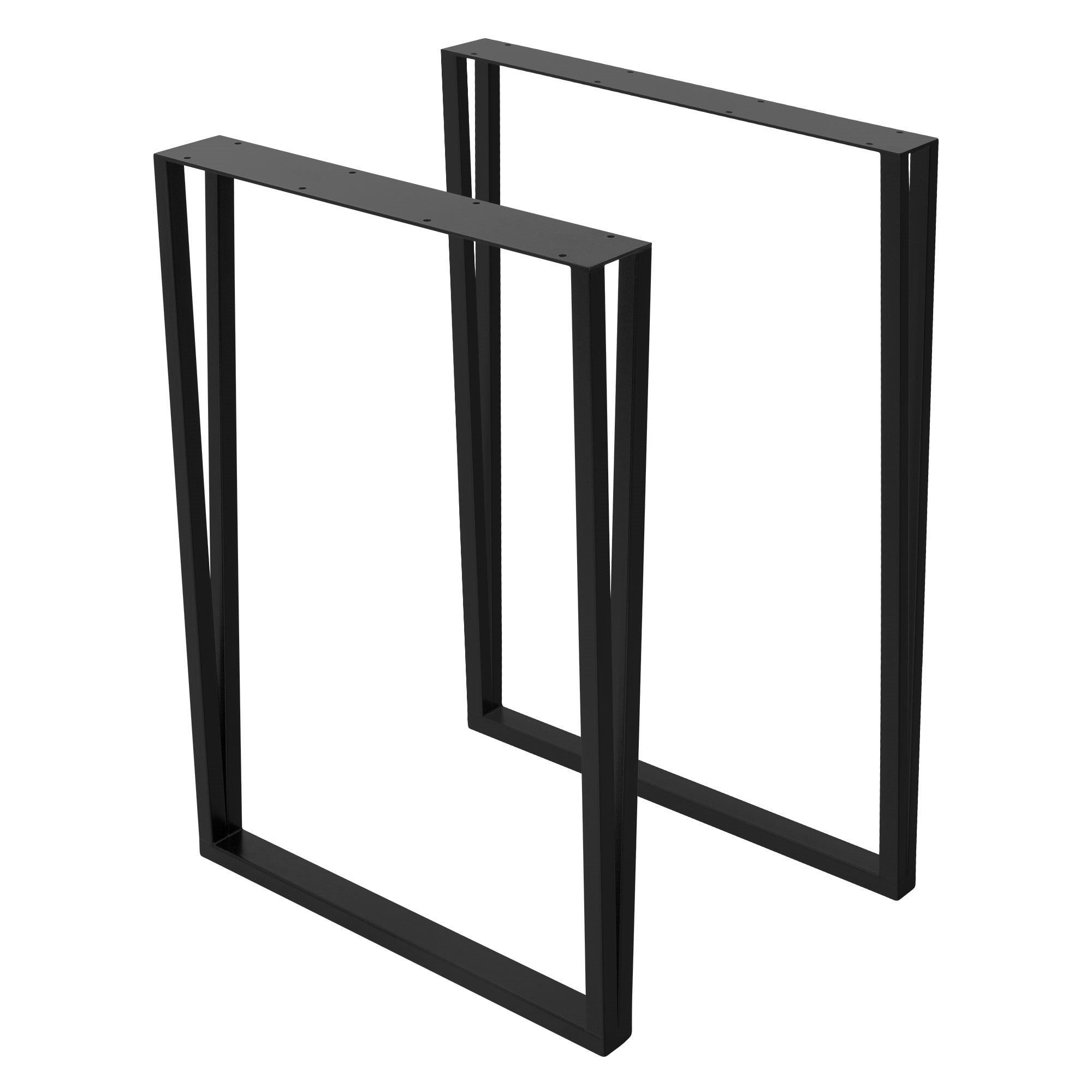 Zwei schwarze Tischgestelle in rechteckiger Form, die nebeneinander stehen.