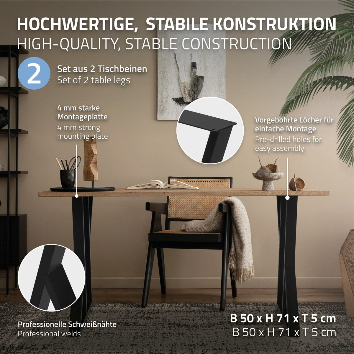 Vista detalhada dos pés da mesa com instruções de montagem e dimensões.