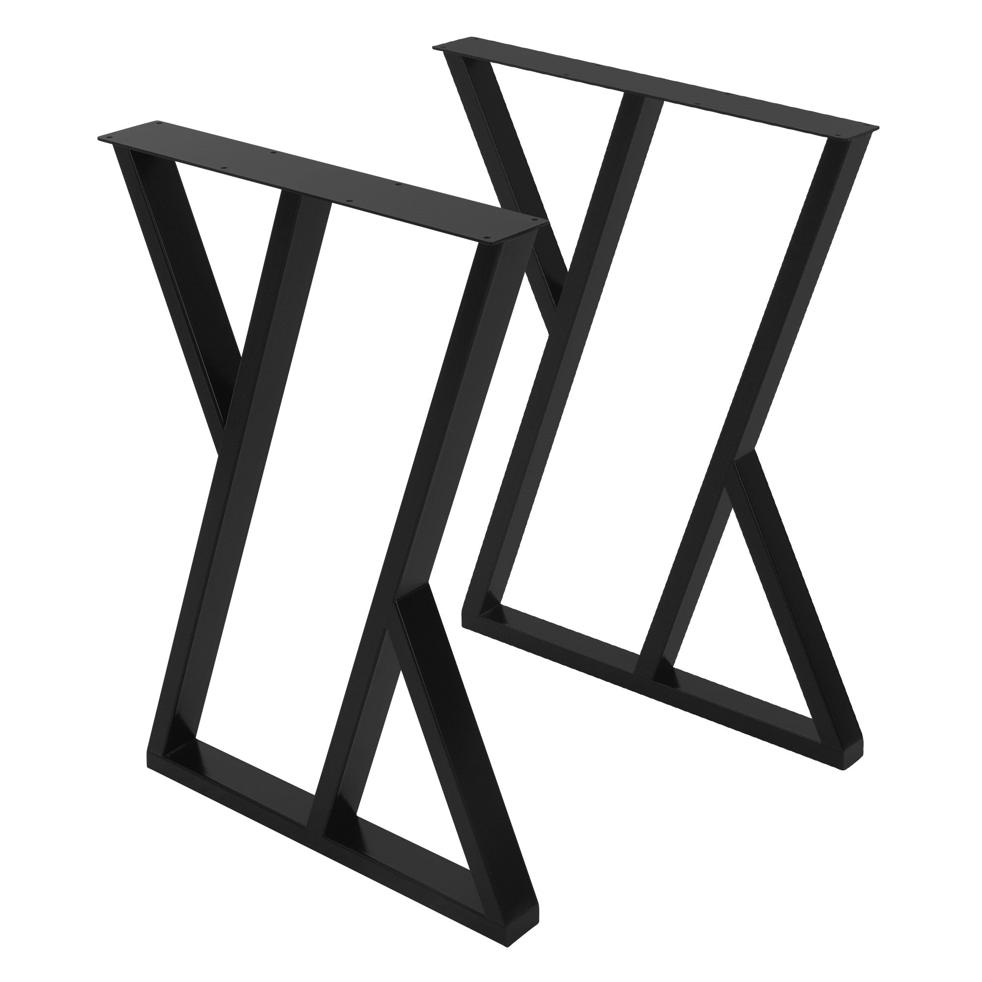 Zwei schwarze Tischgestelle in X-Form auf weißem Hintergrund.