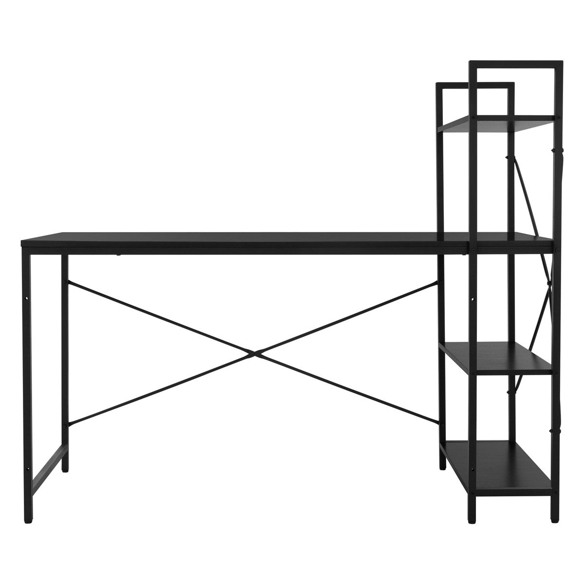 Skrivebord med sort stel og tre hylder.