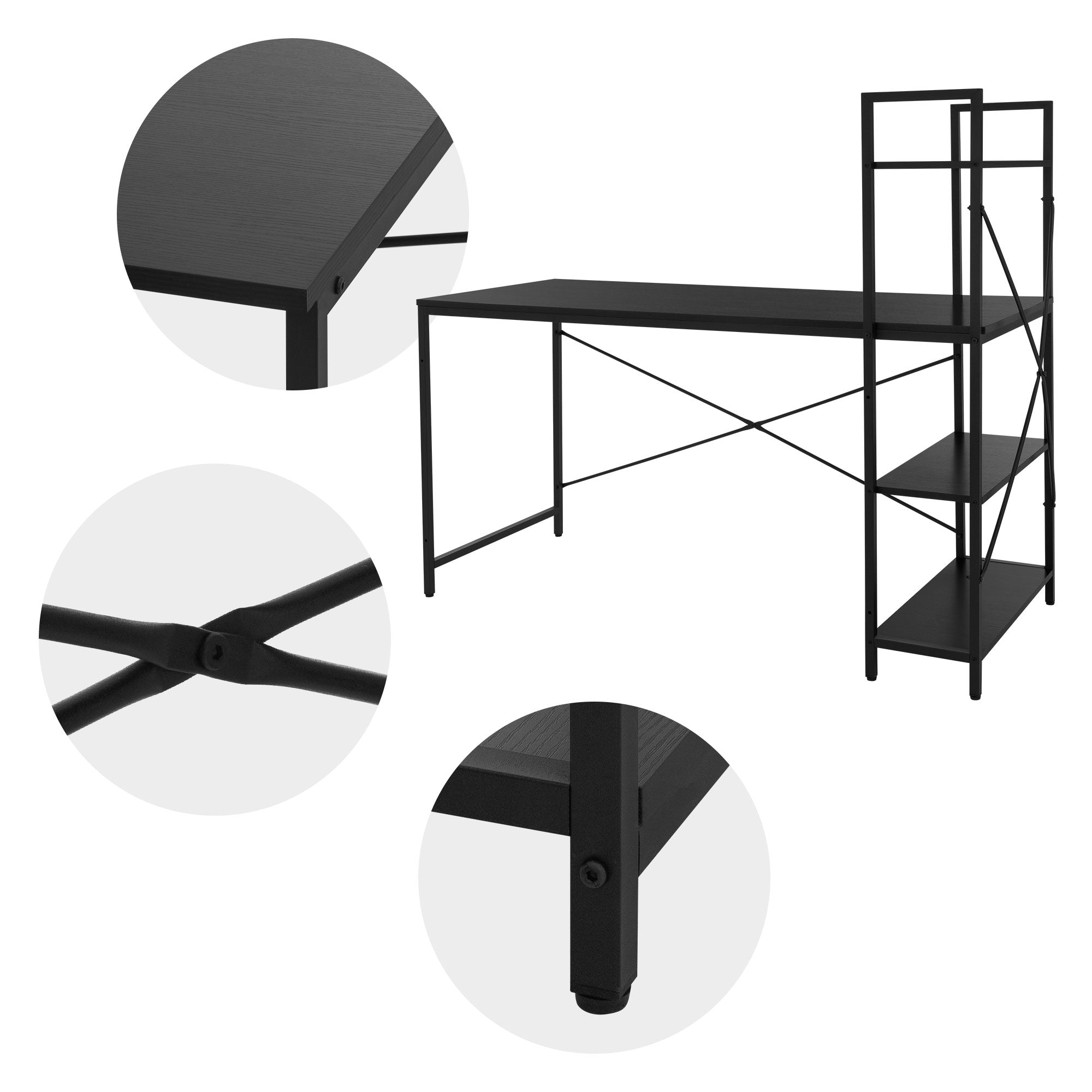 Vue détaillée d'un bureau noir avec différentes perspectives.