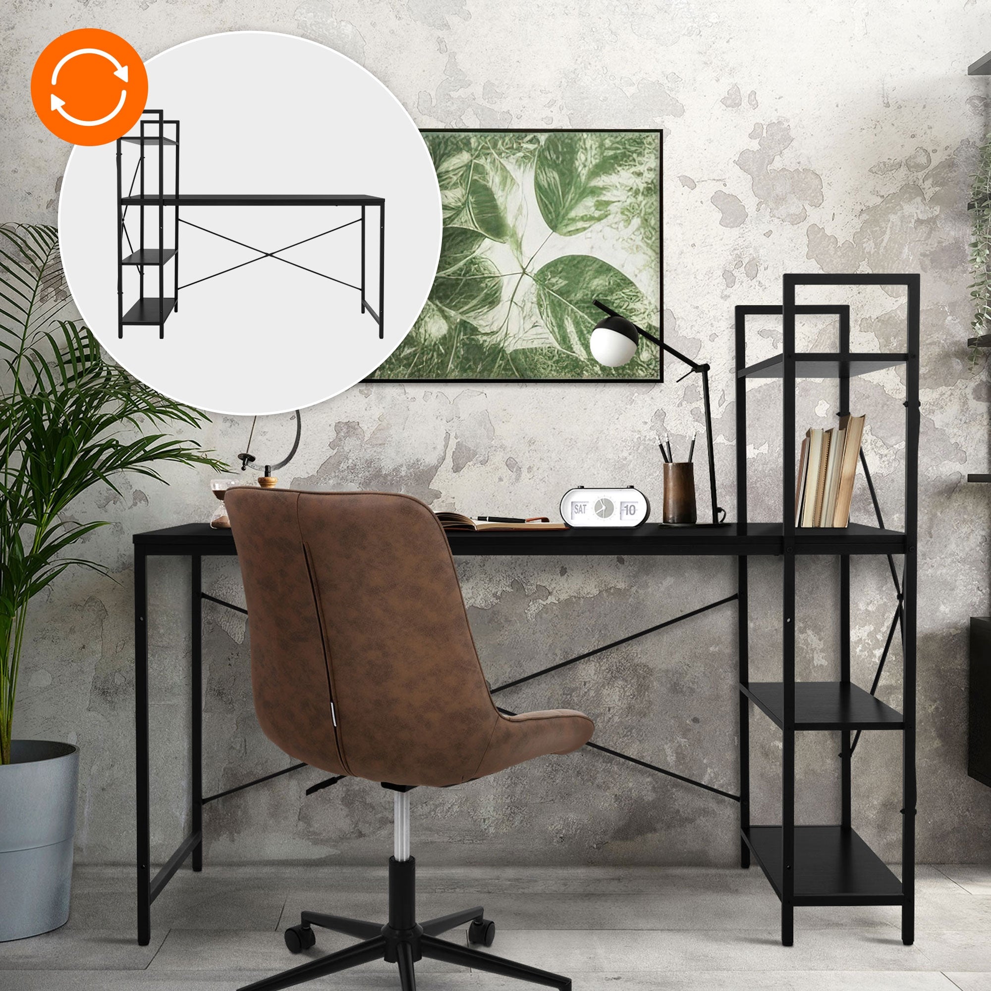 Bureau avec une chaise, des plantes et une œuvre murale en arrière-plan.