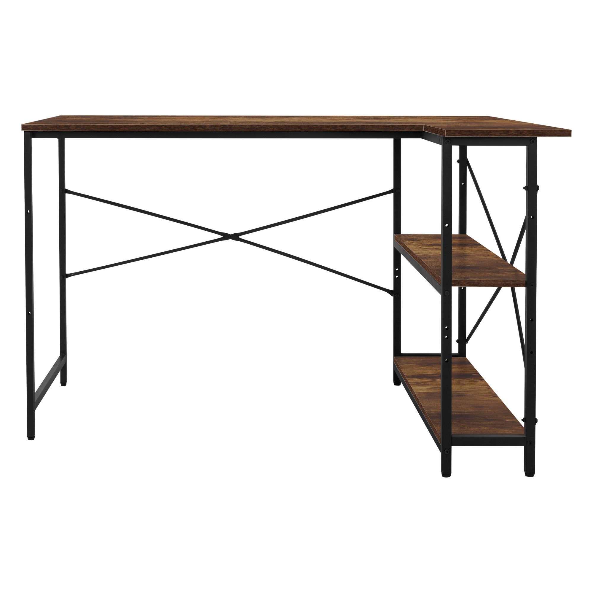 Desk with two shelves, made of wood and metal, side view.