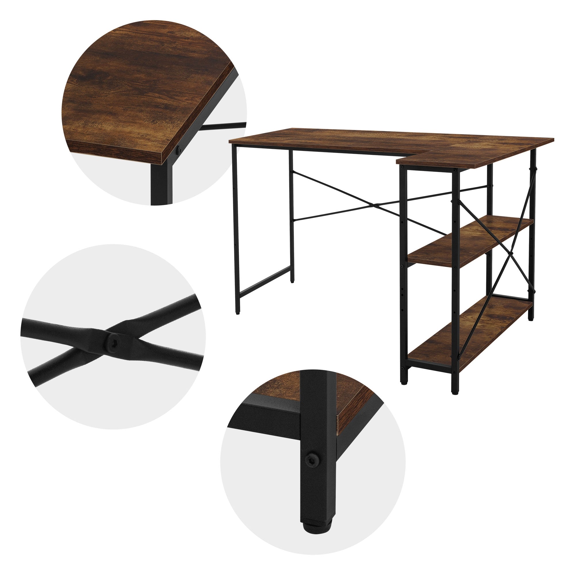 Detail view of a desk with a wooden surface and metal frame.