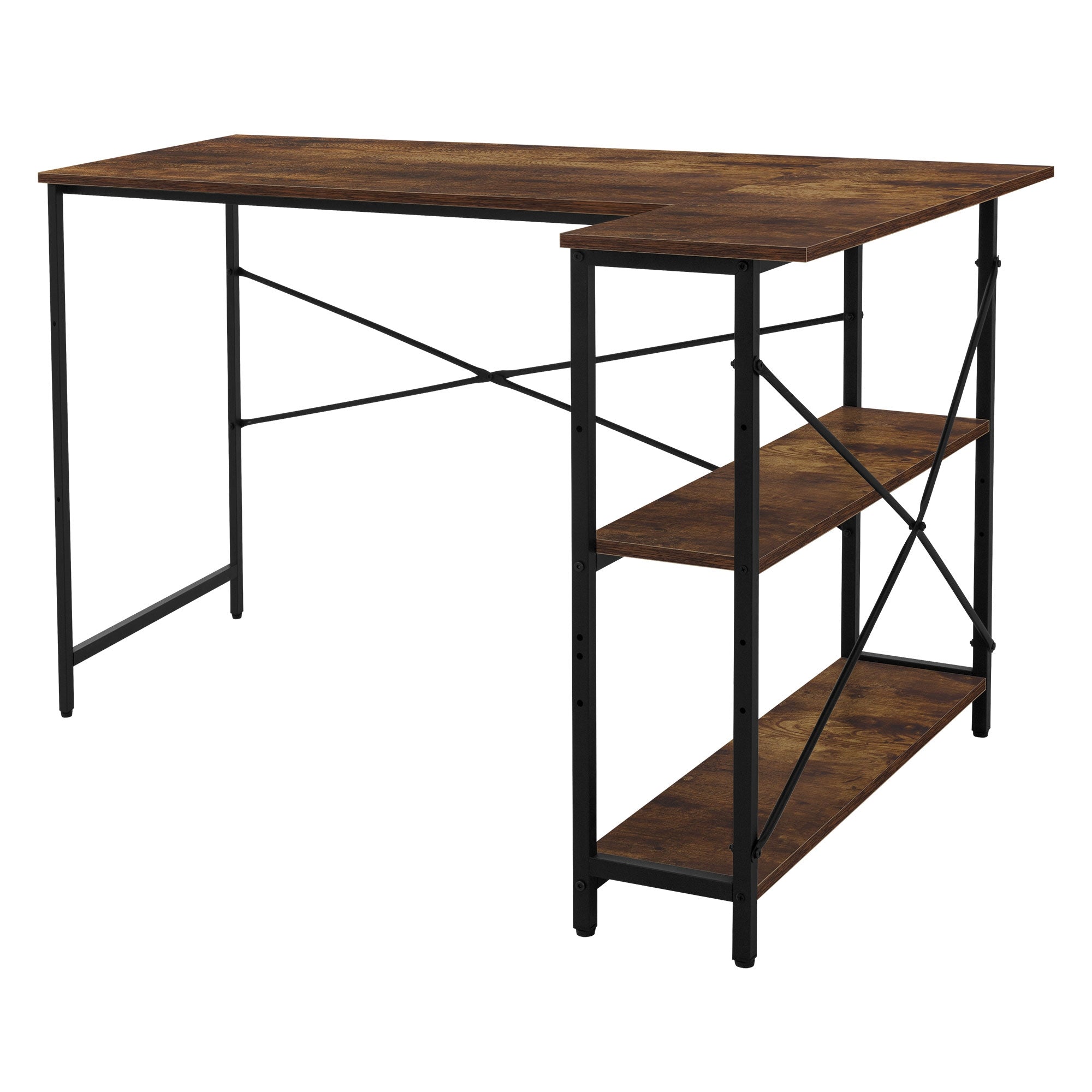 Wooden table with a black metal frame and two shelves.