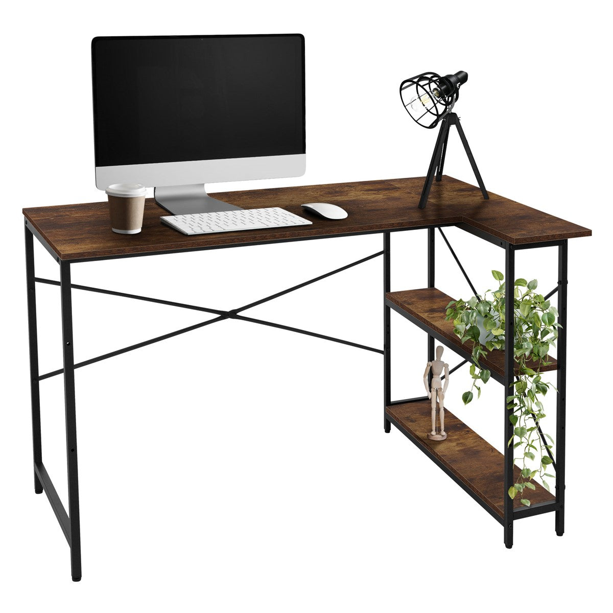 Desk with computer, lamp, keyboard and plants on shelves.