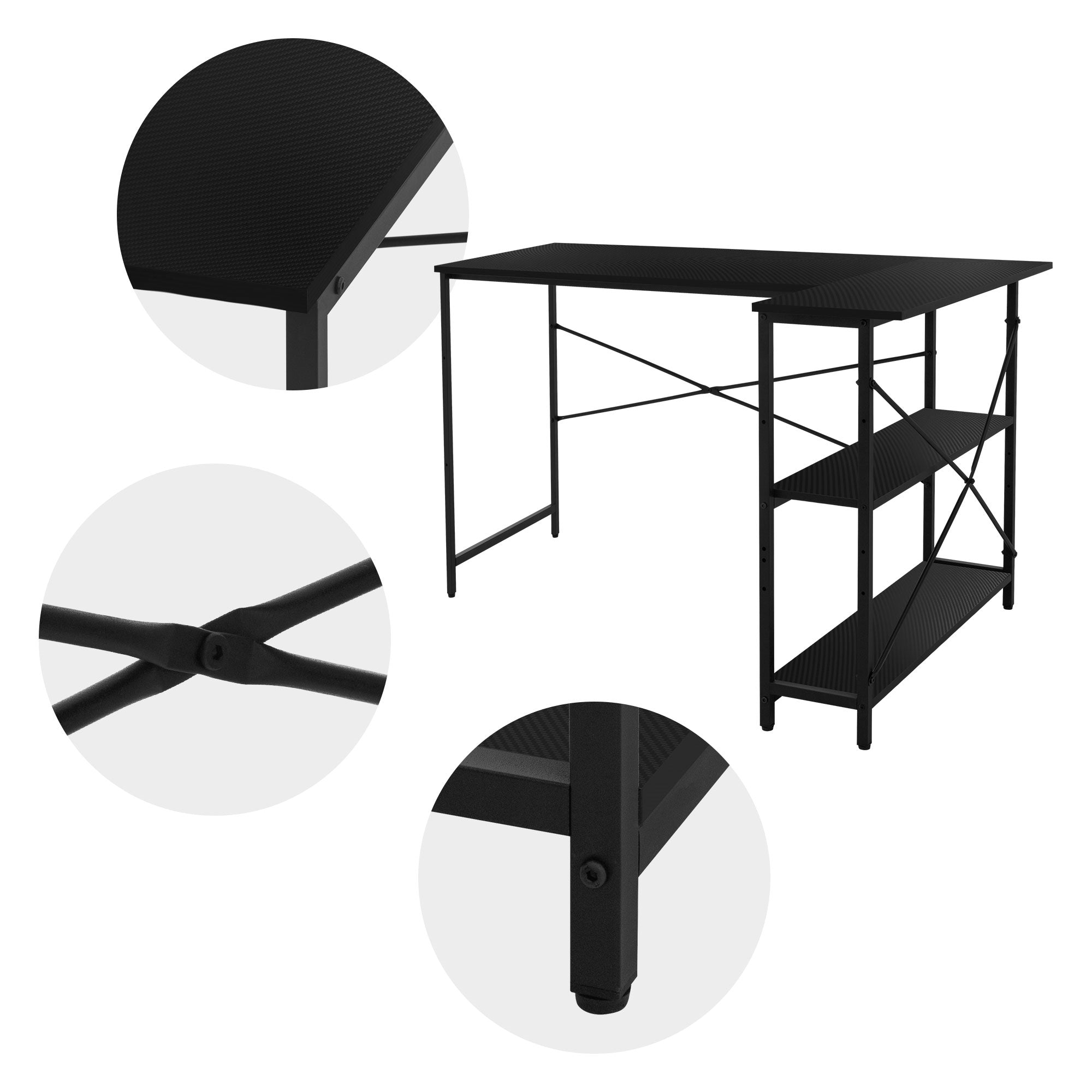 Schreibtisch mit schwarzer Oberfläche und Gestell, Detailansicht.