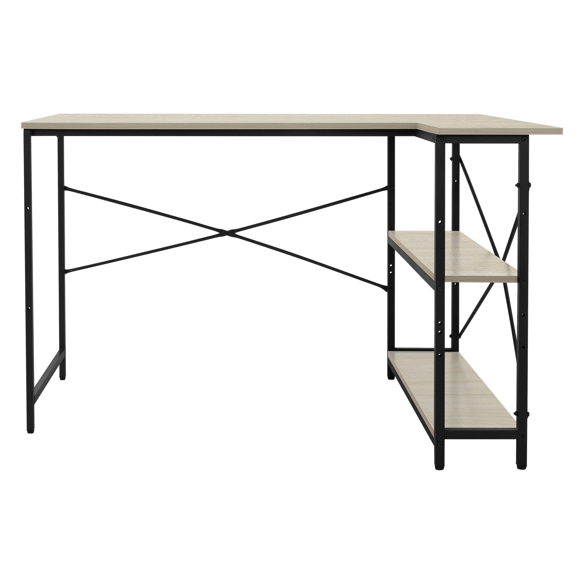 Bureau avec plateau en bois et cadre noir, surface de rangement latérale.