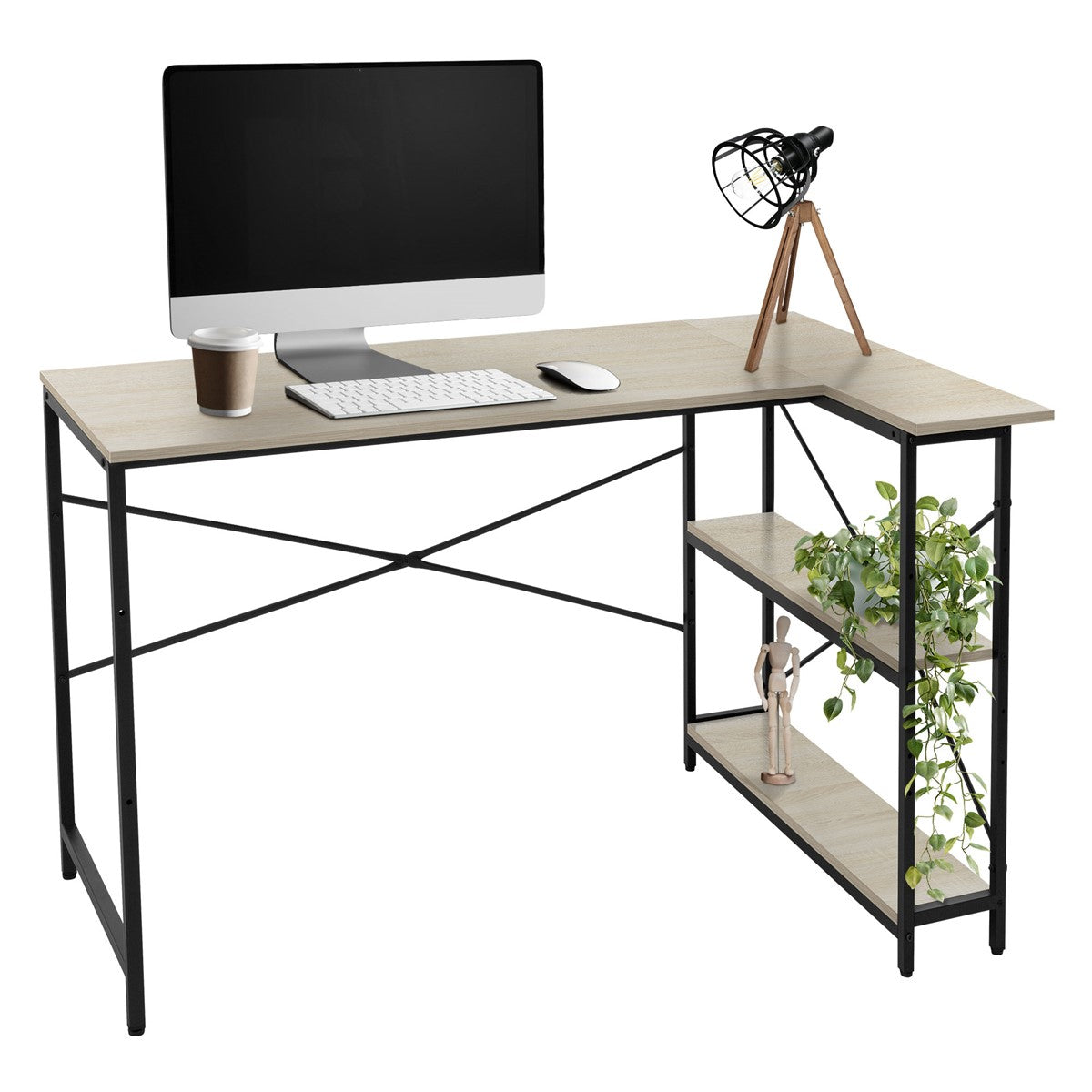 Wood-colored desk with computer, plants, and lamp.