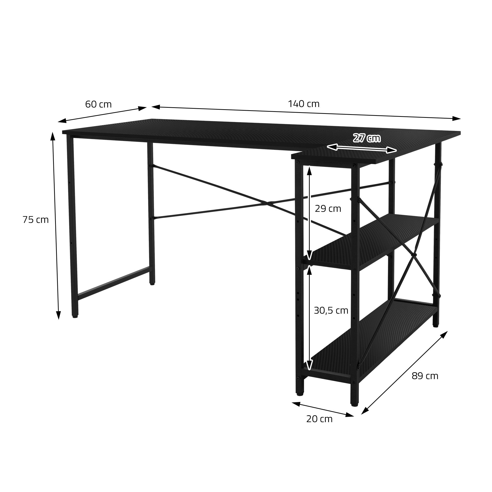 Desk with dimensions, black surface and shelves, metal frame.