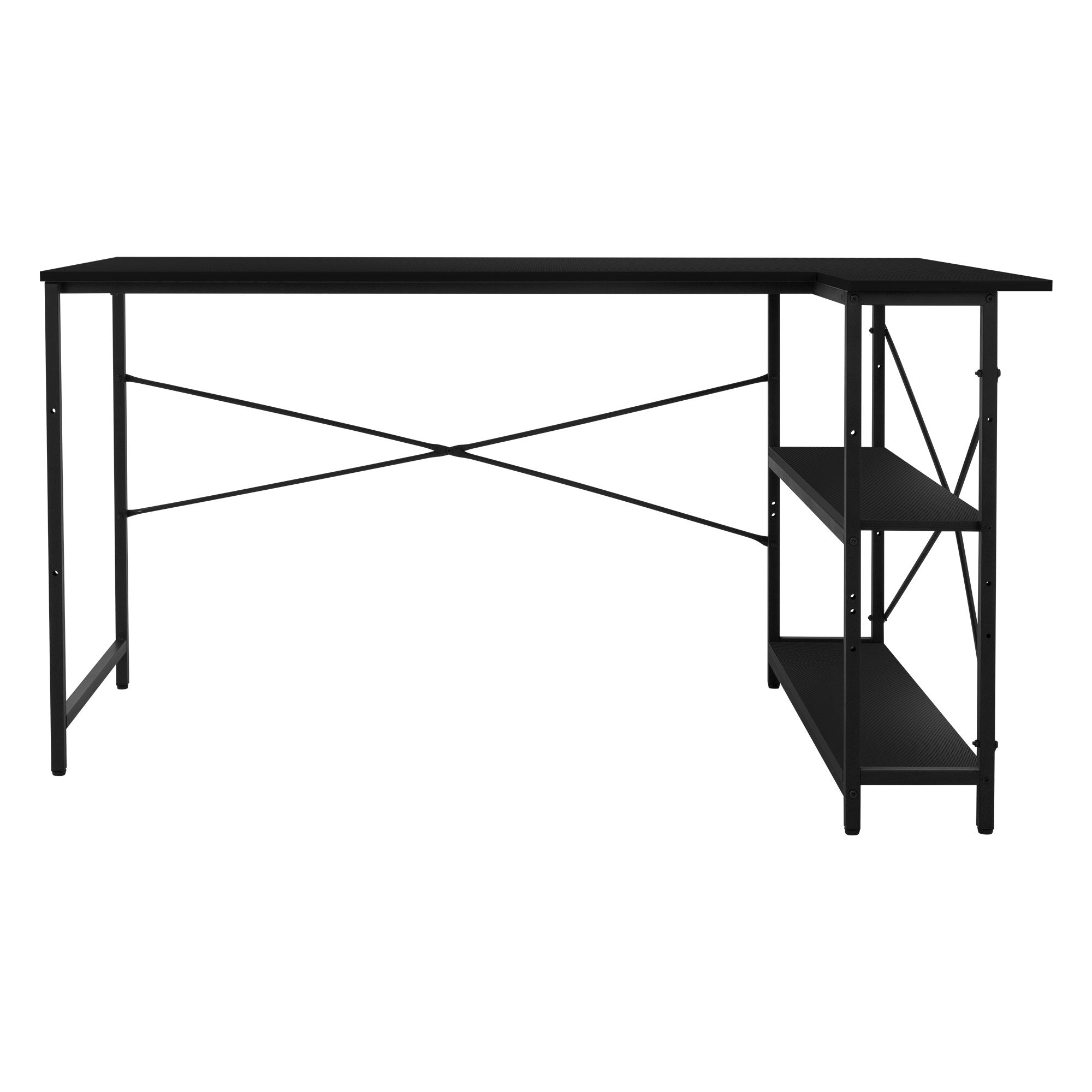 Black desk with two shelves and sturdy legs.