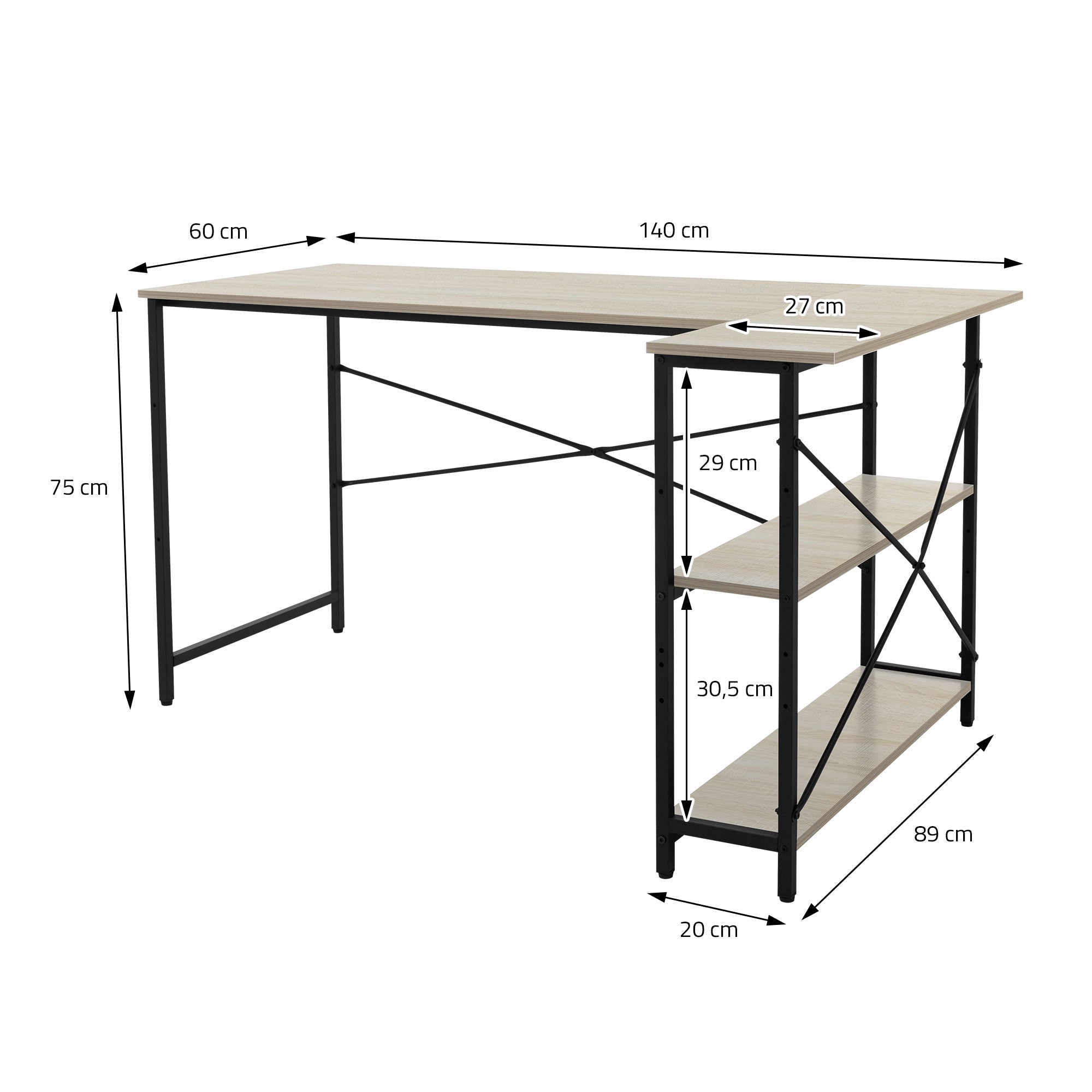 Wooden table with a metal frame, dimensions and shelves are drawn.