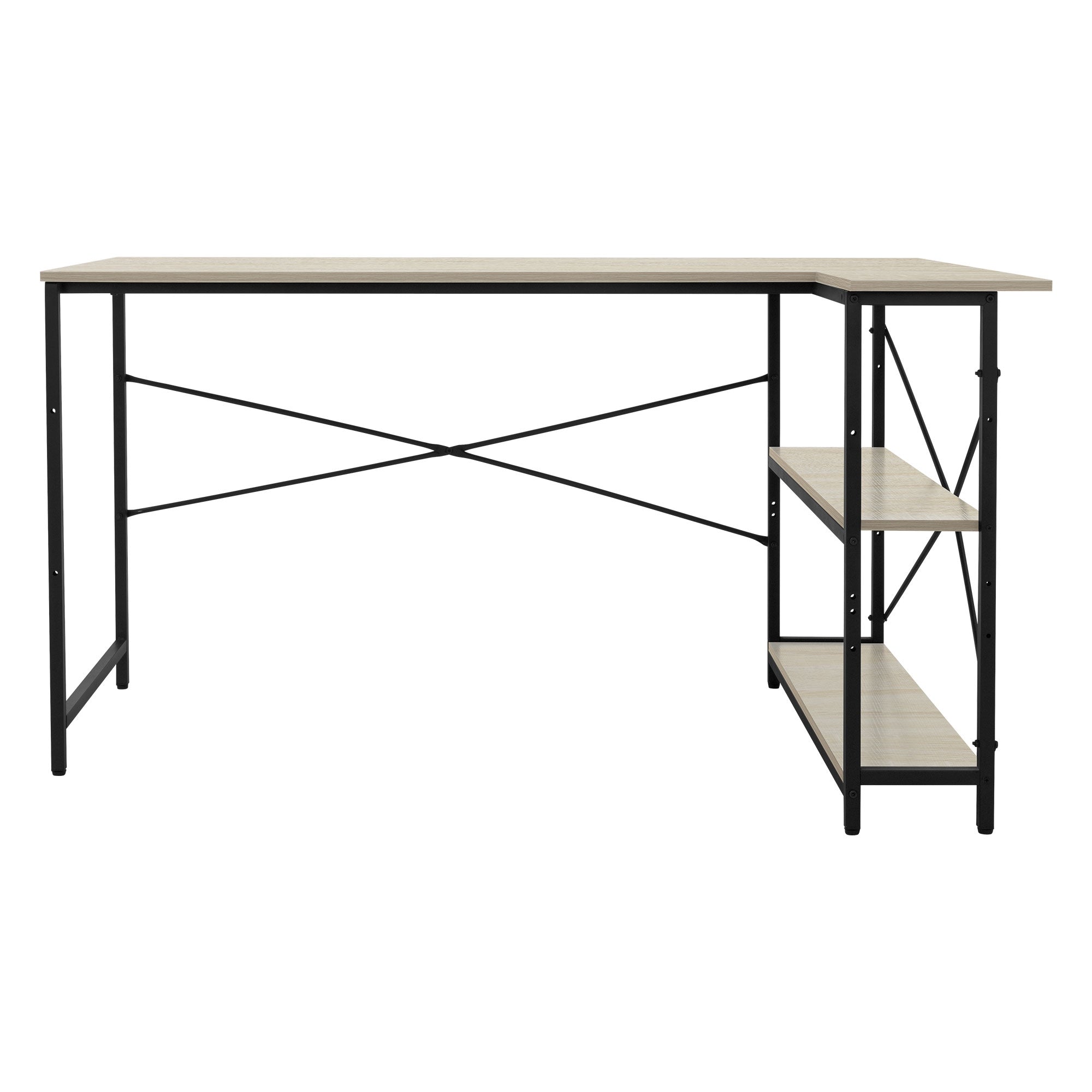 Wooden table with metal frame, side view, showing shelves.