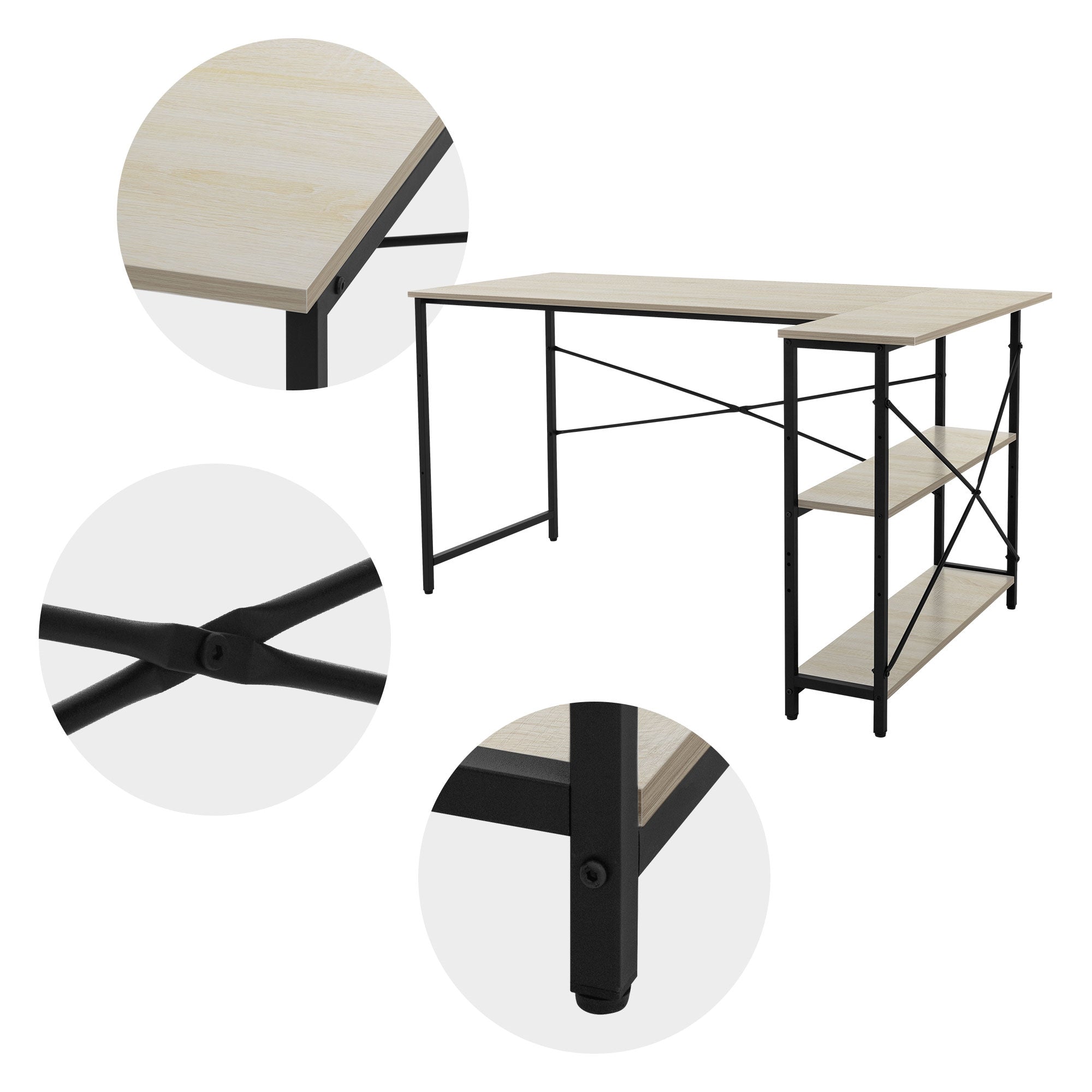 Detail view of a desk with a wooden top and black frame.