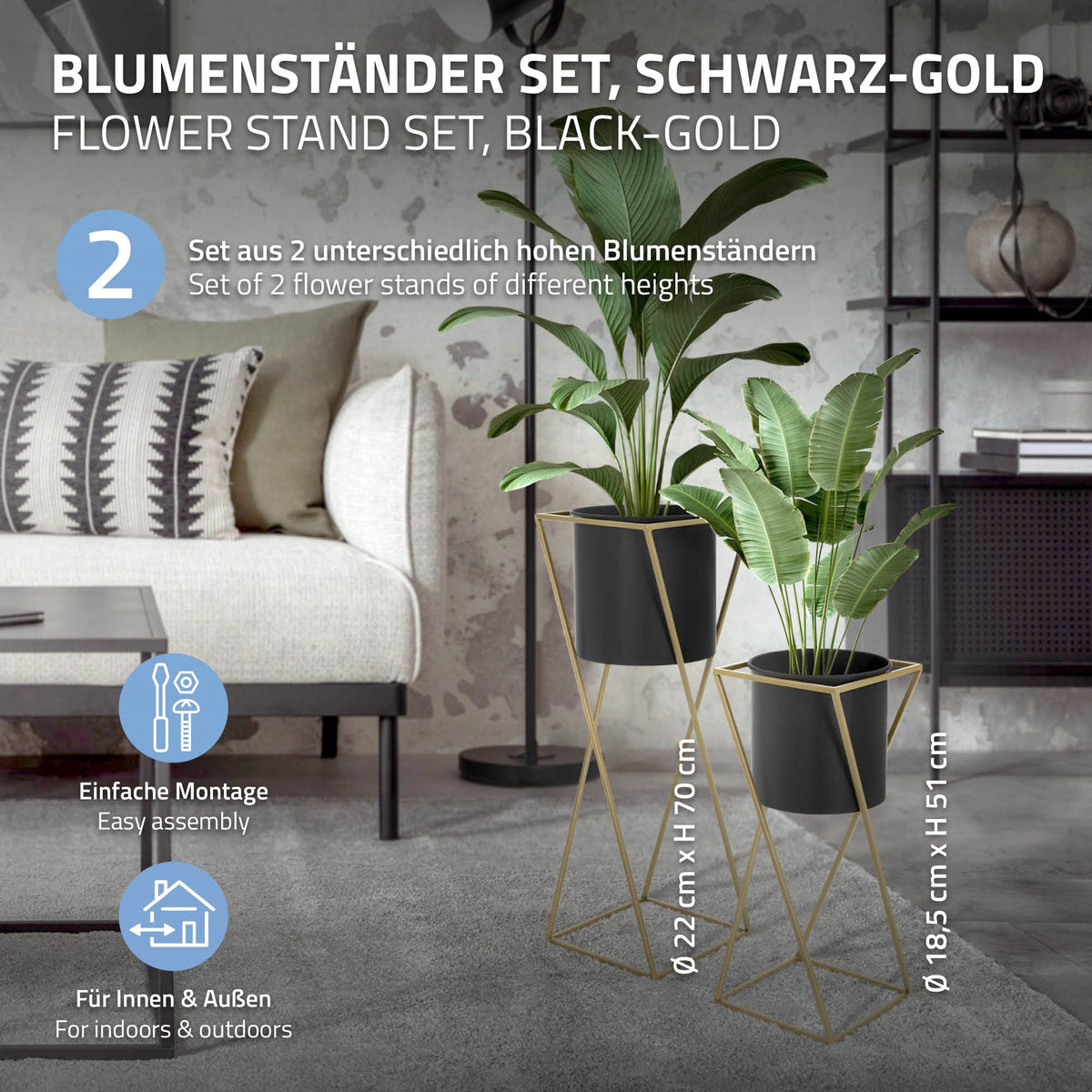 Blumenständer Set in Schwarz-Gold mit Pflanzen und Maßangaben.