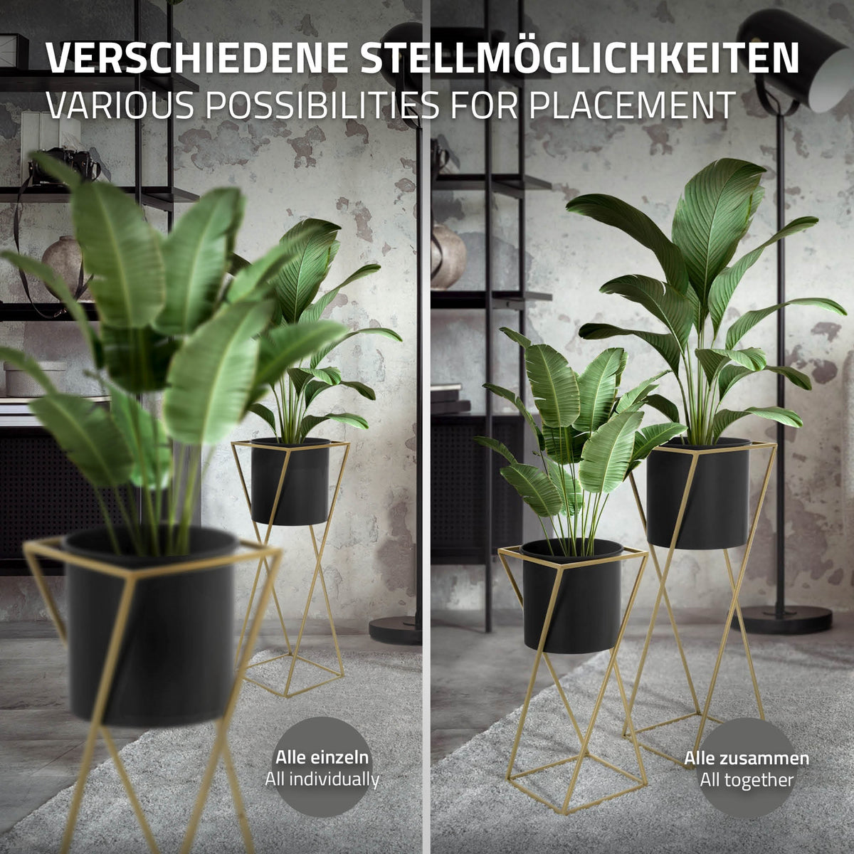 Zwei Blumenständer mit Pflanzen, einer höher und einer niedriger, in einem modernen Raum.