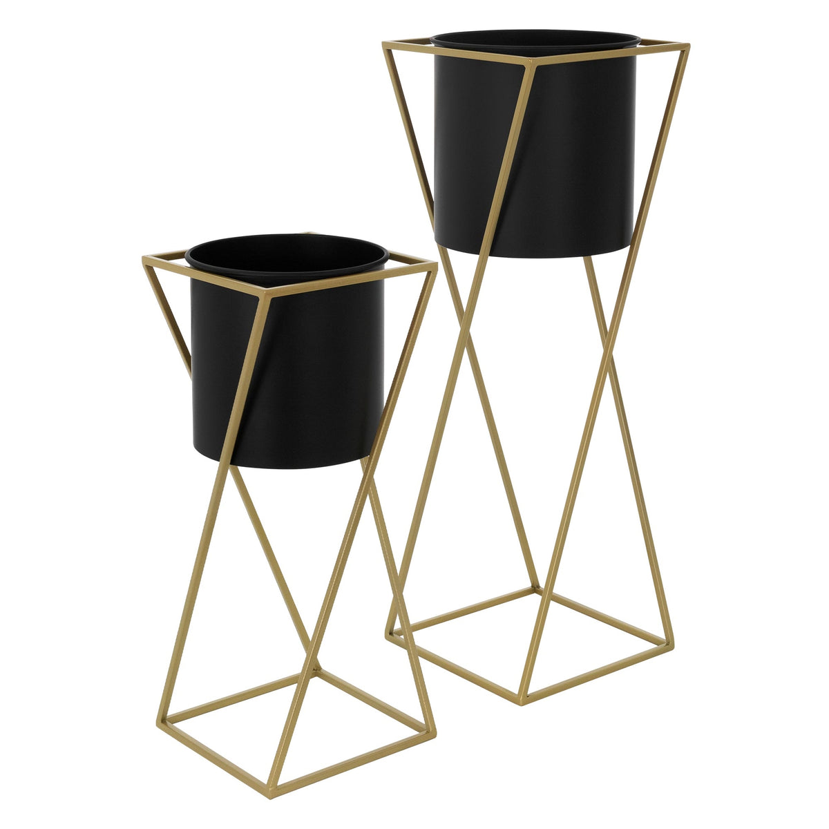 Zwei geometrische Pflanzenständer, goldene Gestelle, mit schwarzen Pflanzgefäßen.