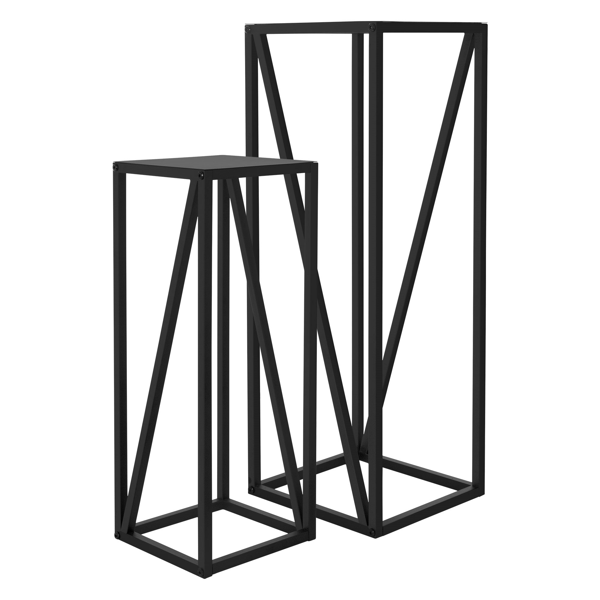 Zwei schwarze Blumenständer in geometrischer Form.