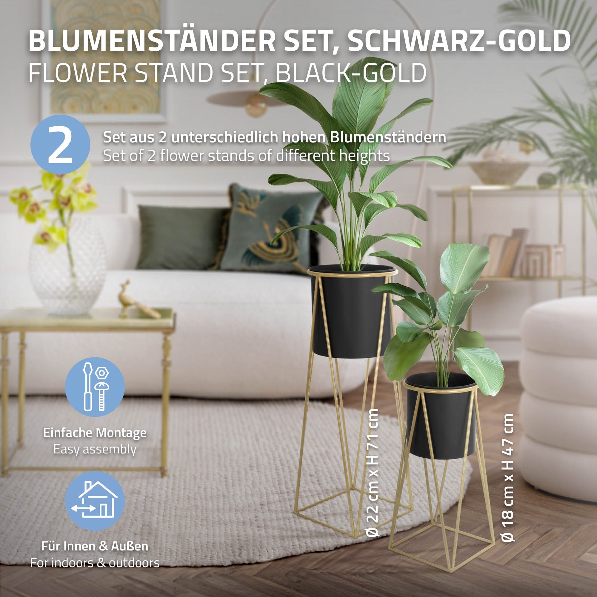 Set aus zwei Blumenständern in Schwarz-Gold, für Innen und Außen.