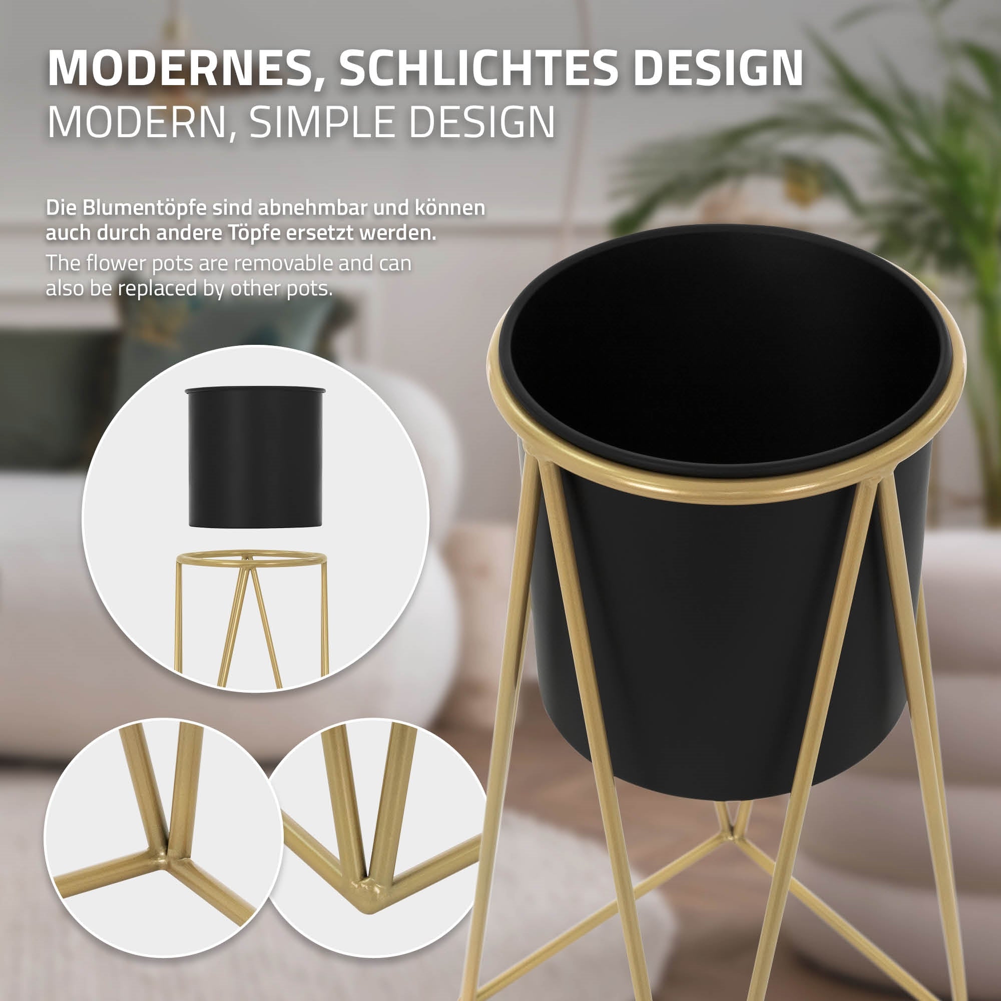 Support de pot de fleurs, pot noir sur un cadre doré, moderne.