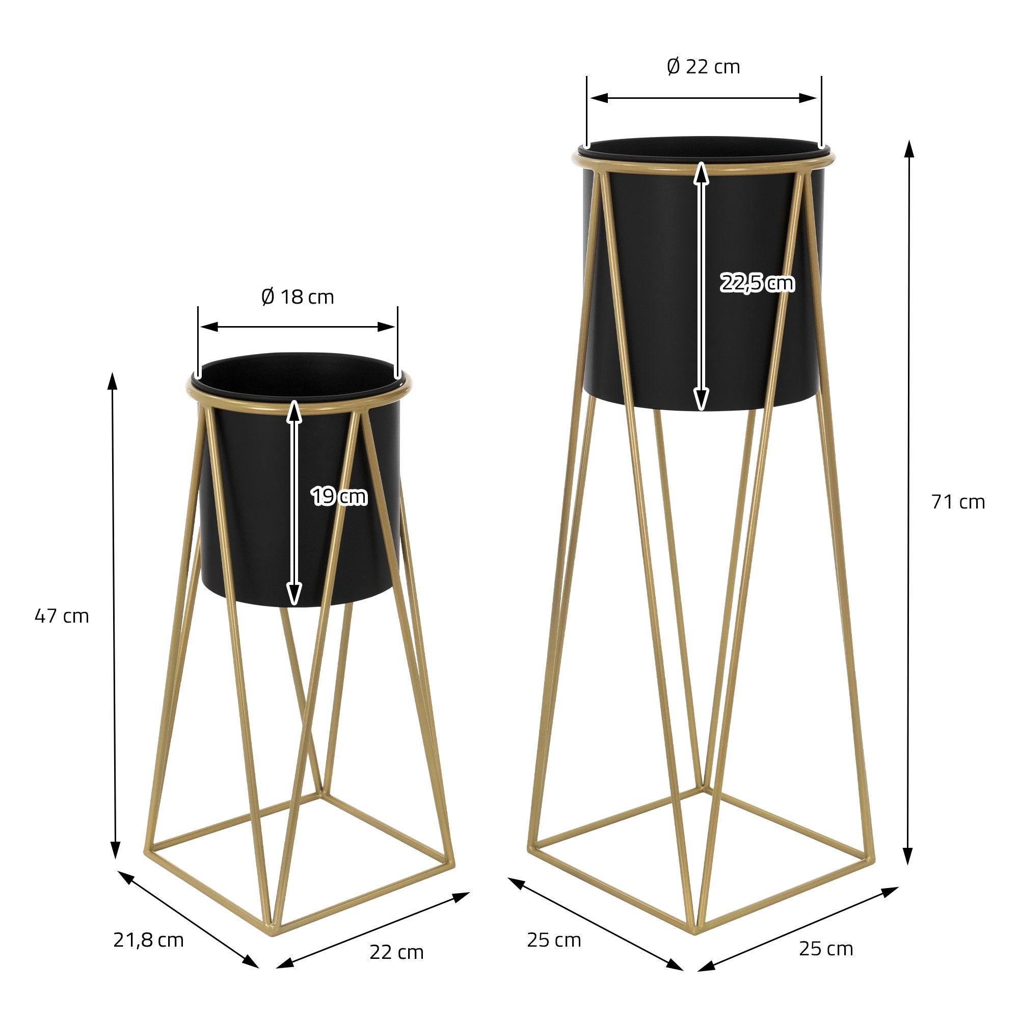 Deux jardinières avec des dimensions et des détails, l'une de 47 cm et l'autre de 71 cm de hauteur.