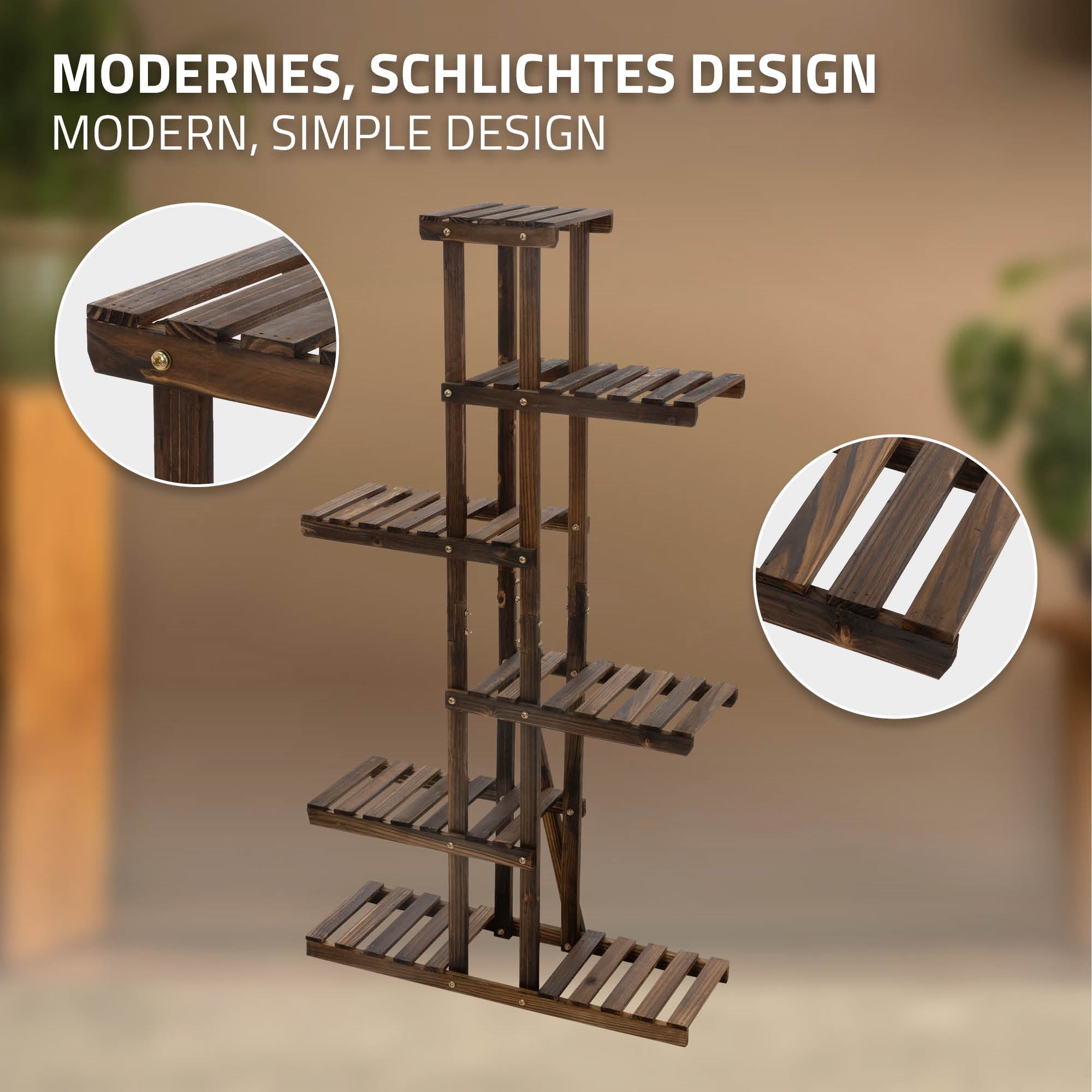 Mørk træhylde med flere hylder i moderne design.