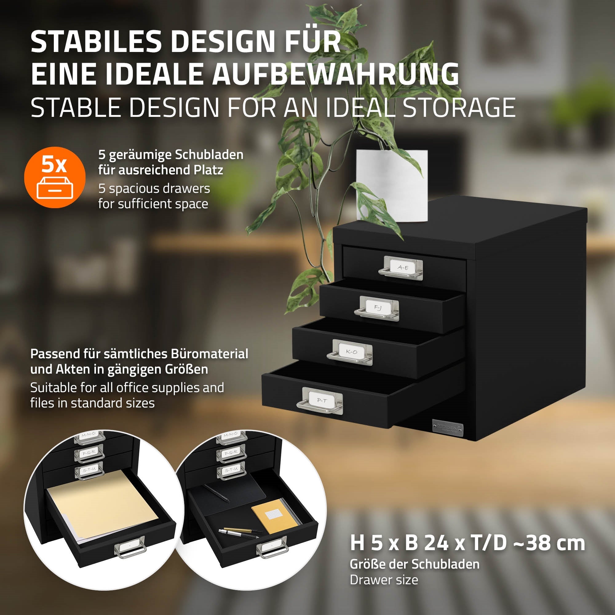 Grafik mit Informationen zu einem schwarzen Schubladenschrank und seinen Maßen.