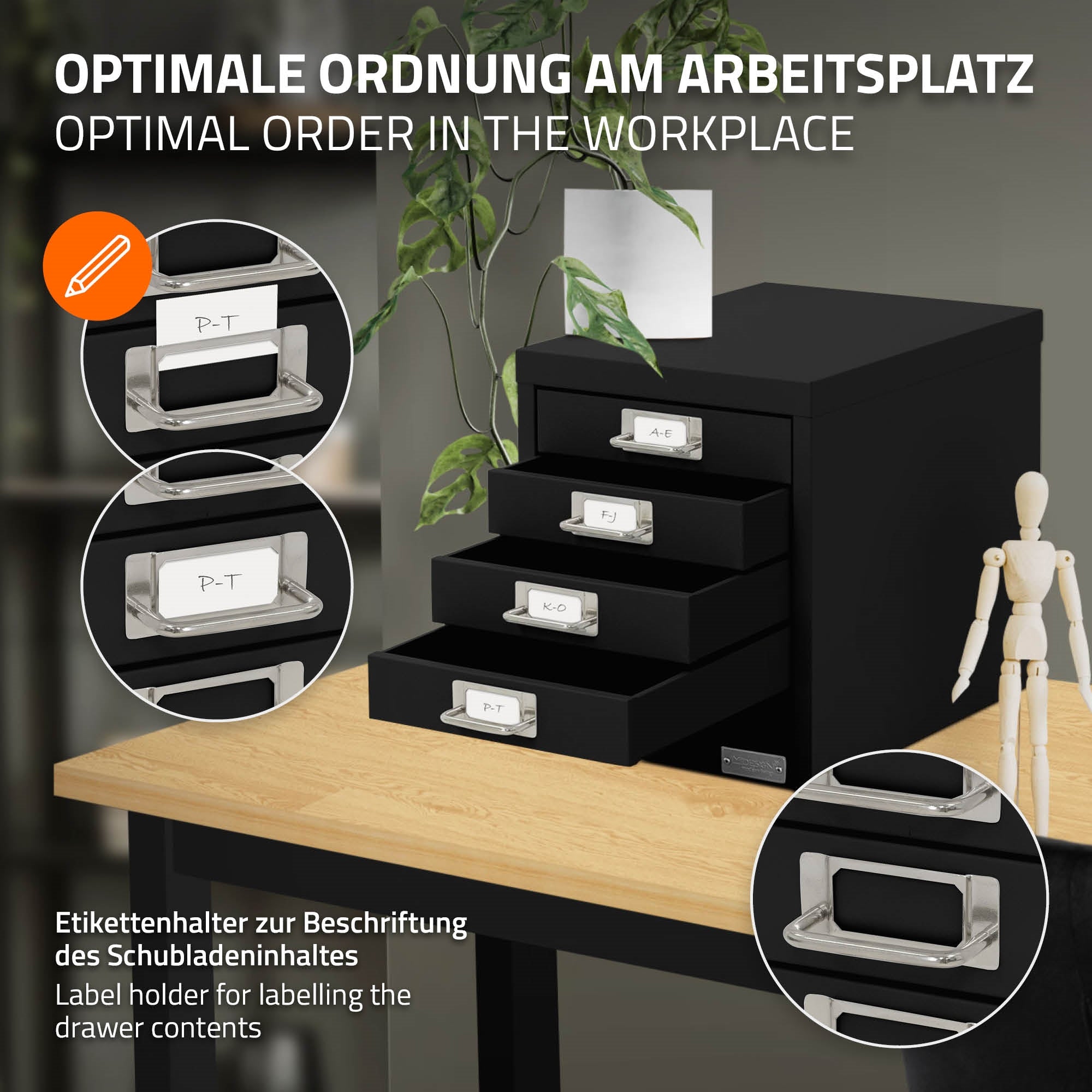 Schwarzer Aktenschrank mit beschriftbaren Etikettenhaltern und fünf Schubladen.