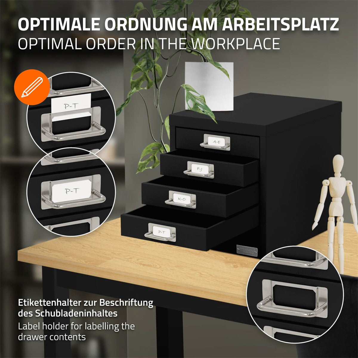 Schwarzer Aktenschrank mit beschriftbaren Etikettenhaltern und fünf Schubladen.
