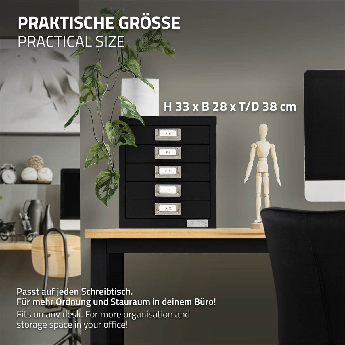 Schreibtisch mit schwarzem Aufbewahrungsschrank und Pflanze.