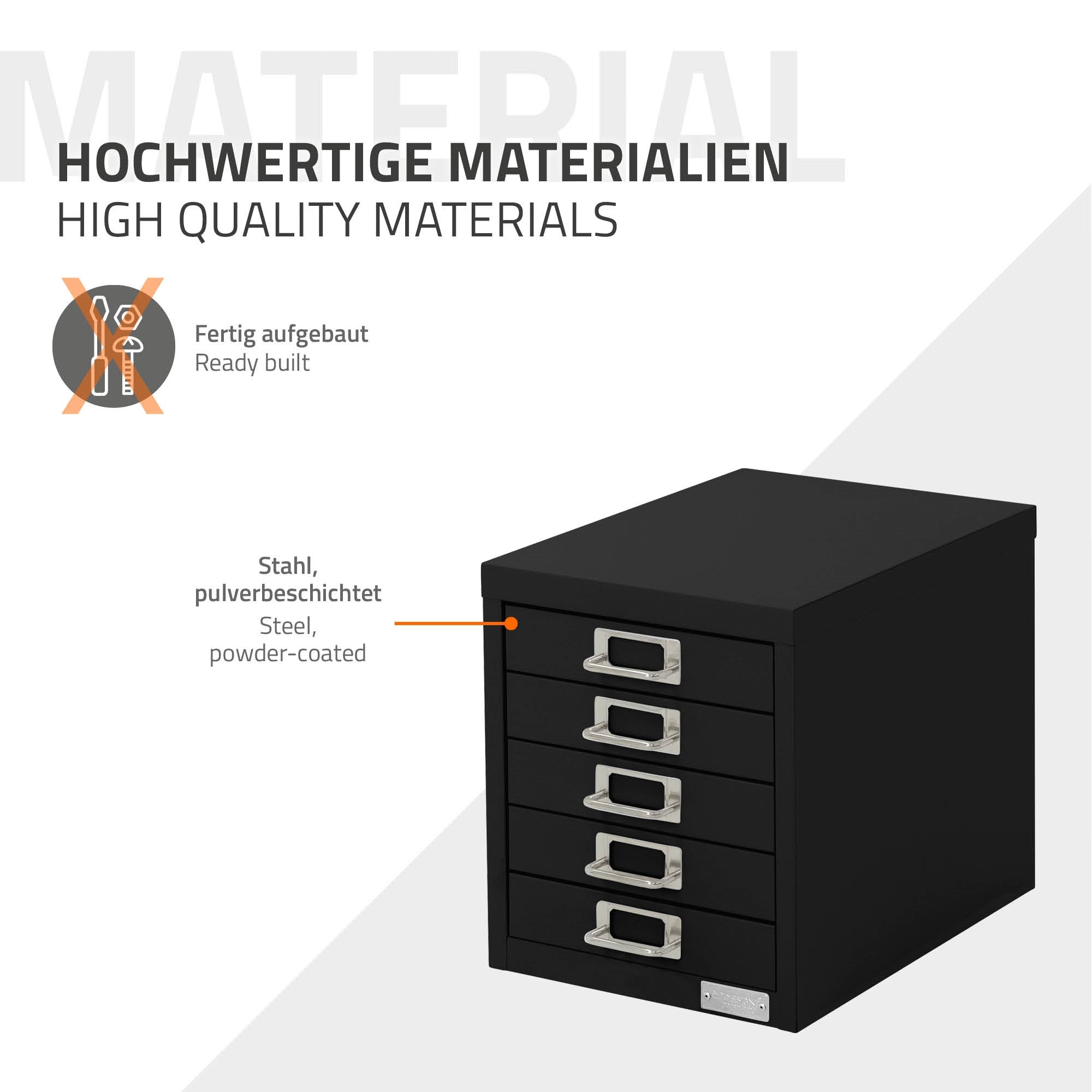 Schwarzer Schrank mit fünf Schubladen, beschichtet mit hochwertigem Stahl.