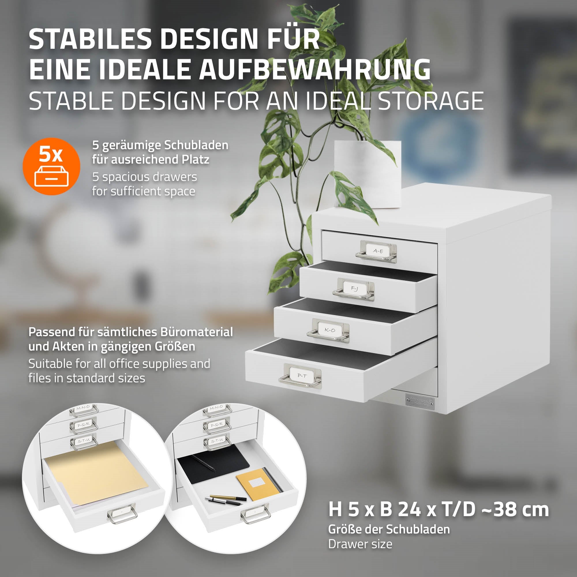 Grafik mit Informationen zu einem weißen Schubladenschrank und seinen Maßen.