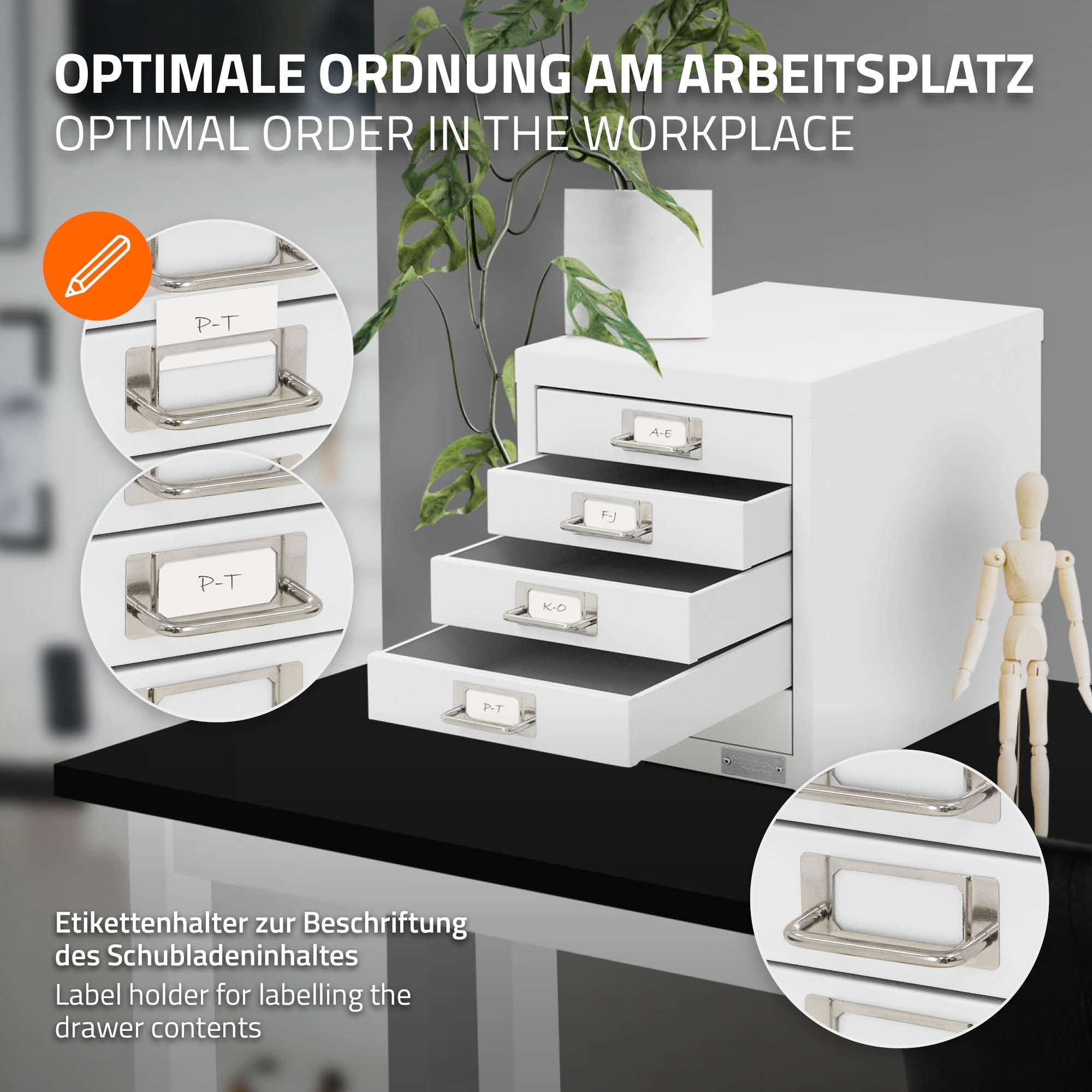 Weißer Aktenschrank mit 5 Schubladen und Etikettenhaltern auf einem Tisch.