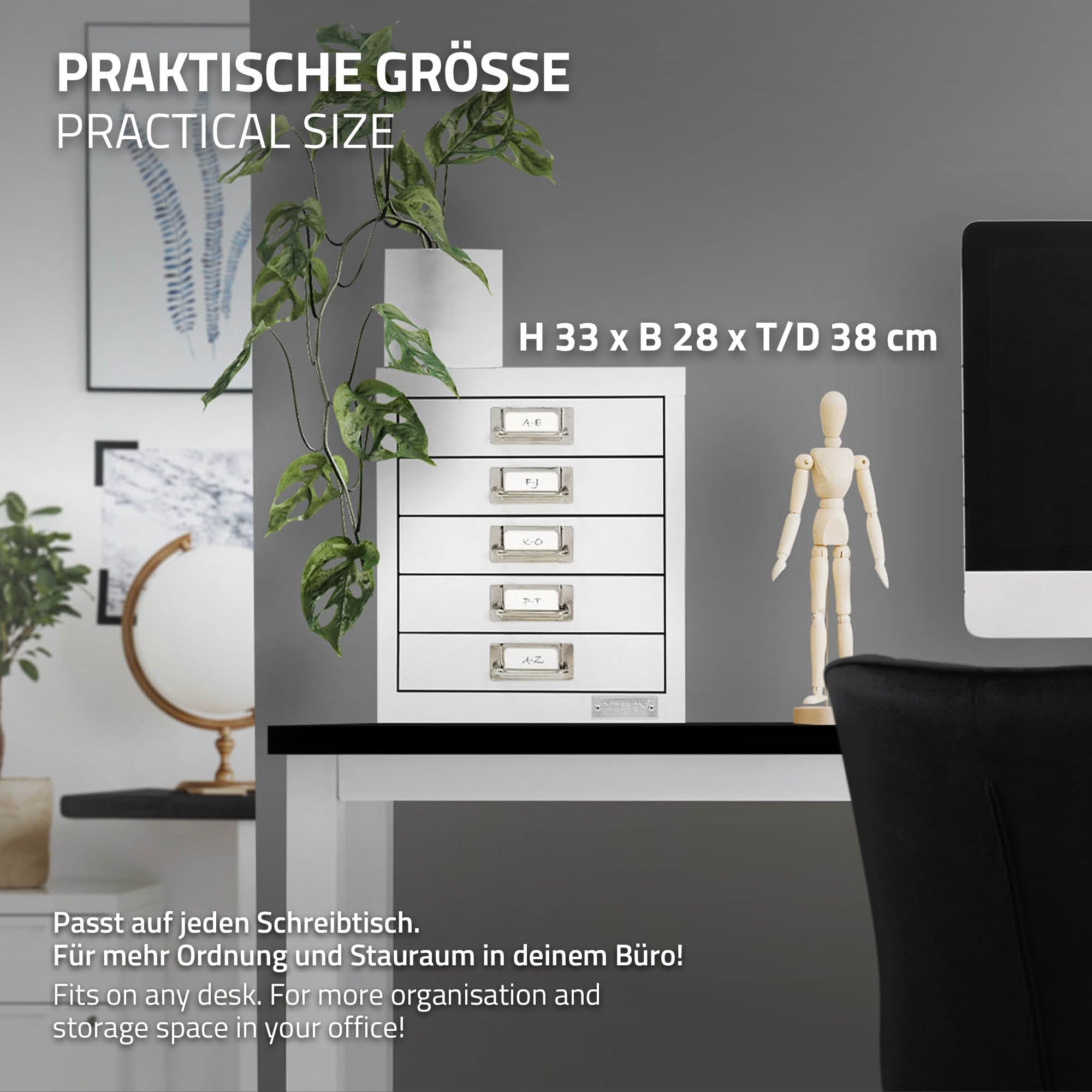 Schreibtisch mit Aufbewahrungsschrank und Holzfigur.