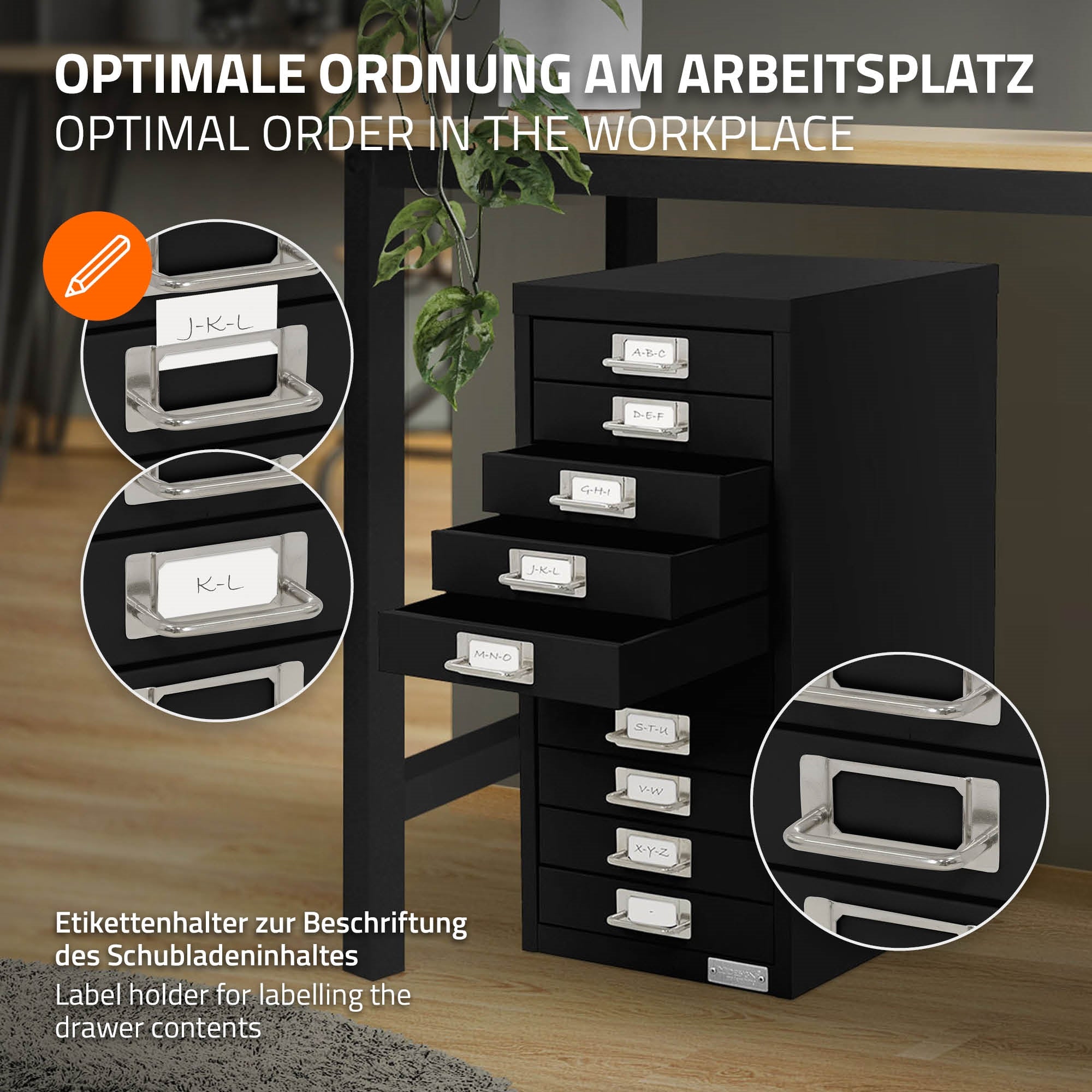 Schwarzer Aktenschrank mit 10 Schubladen und Etikettenhaltern auf einem Tisch.