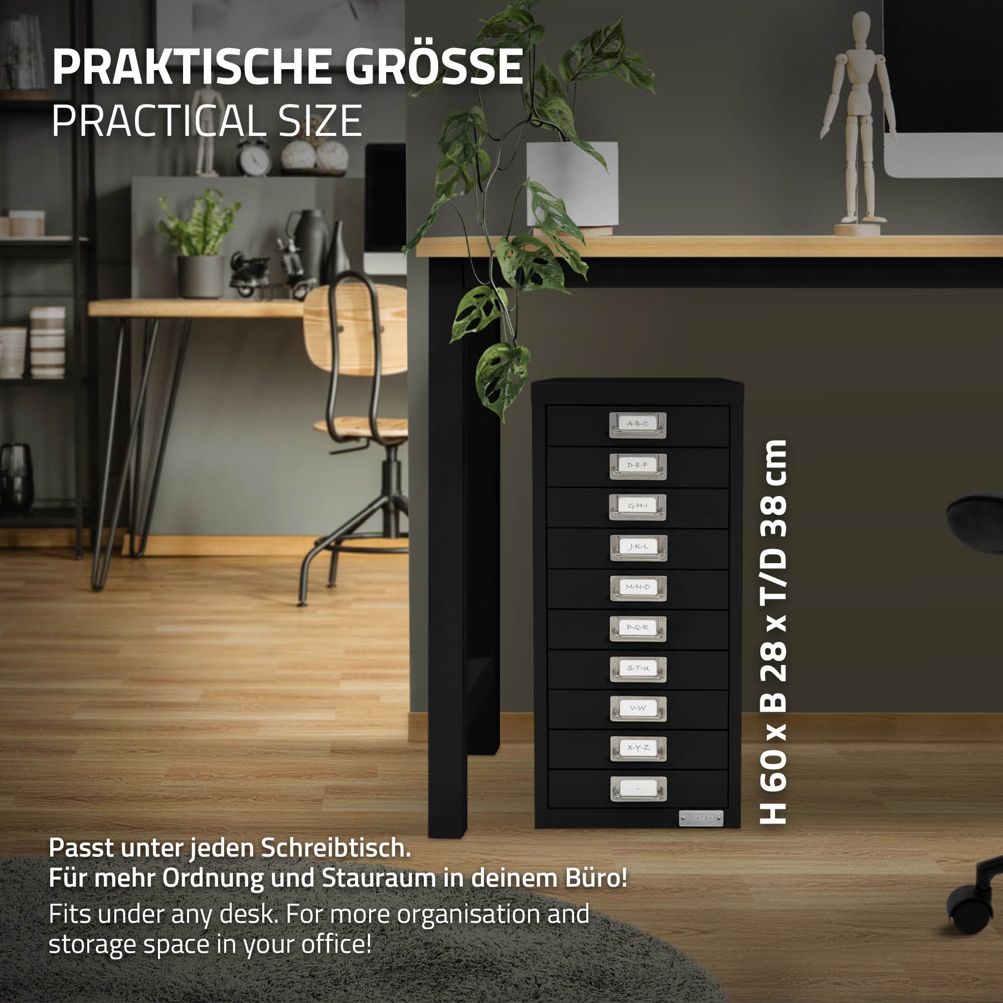 Schwarzer Schubladenschrank unter einem Schreibtisch, praktische Größe.