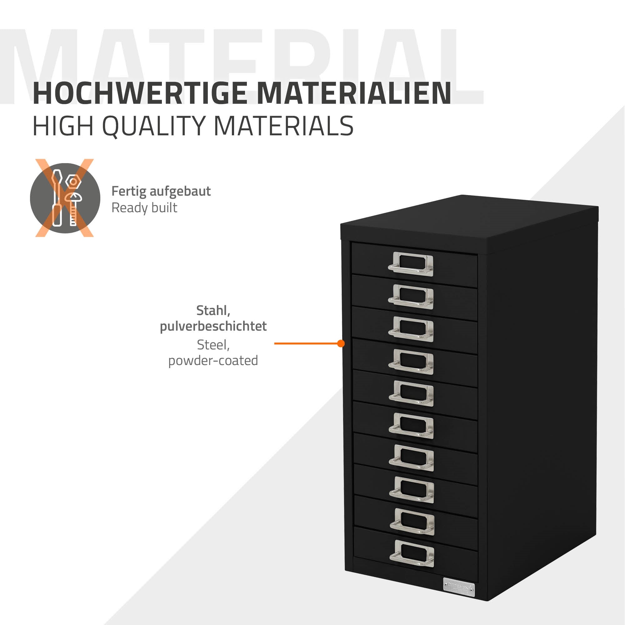 Schwarzer Schrank mit mehreren Schubladen, aus pulverbeschichtetem Stahl.