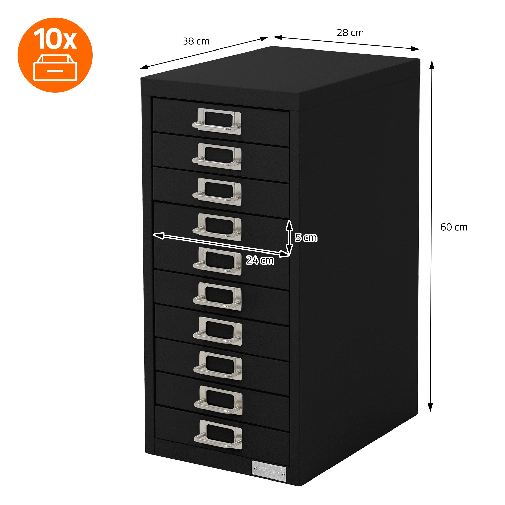 Schwarzer Schrank mit 10 Schubladen, Abmessungen: 38x28x60 cm.