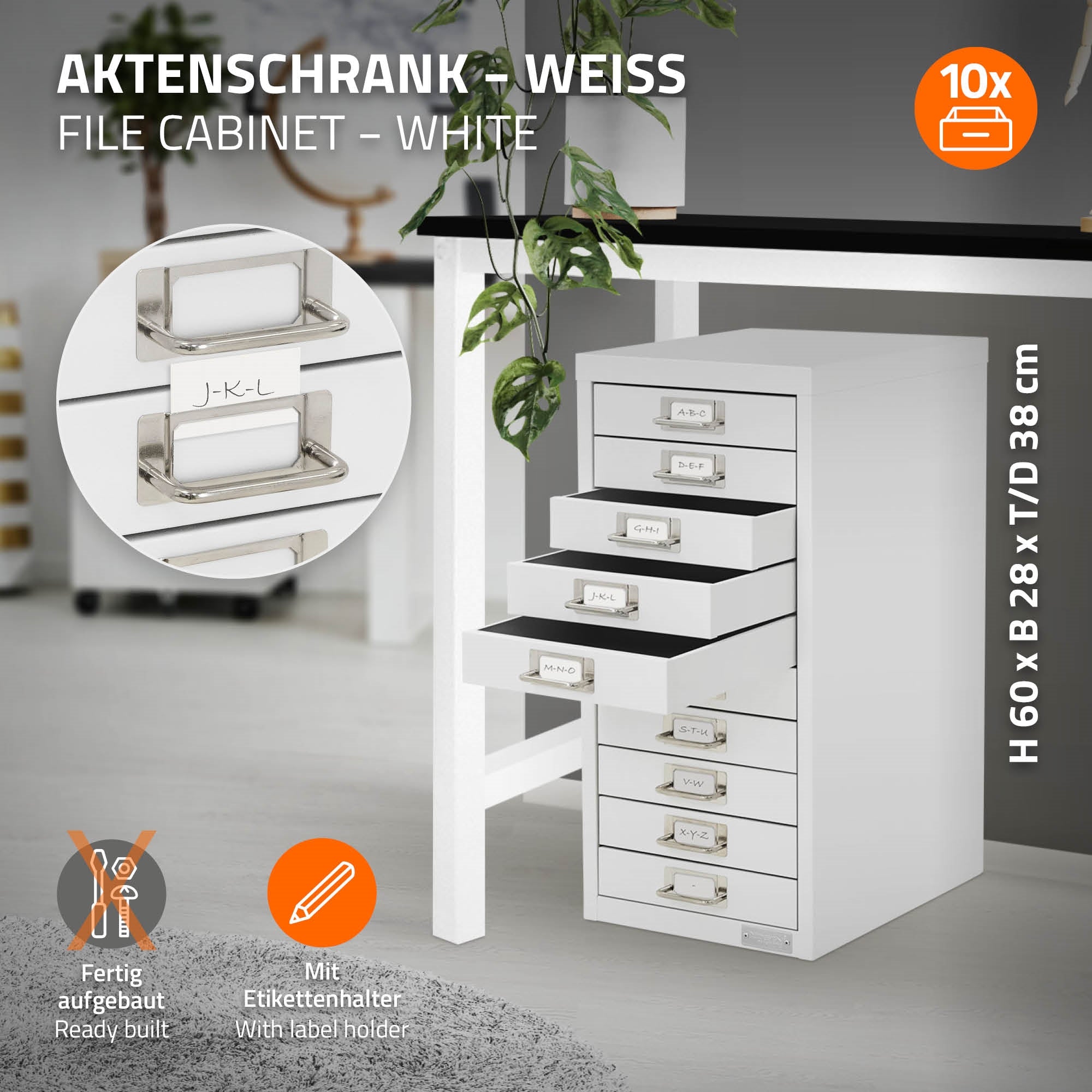 Weißer Aktenschrank mit Schubladen und Etikettenhaltern, bereit aufgebaut.