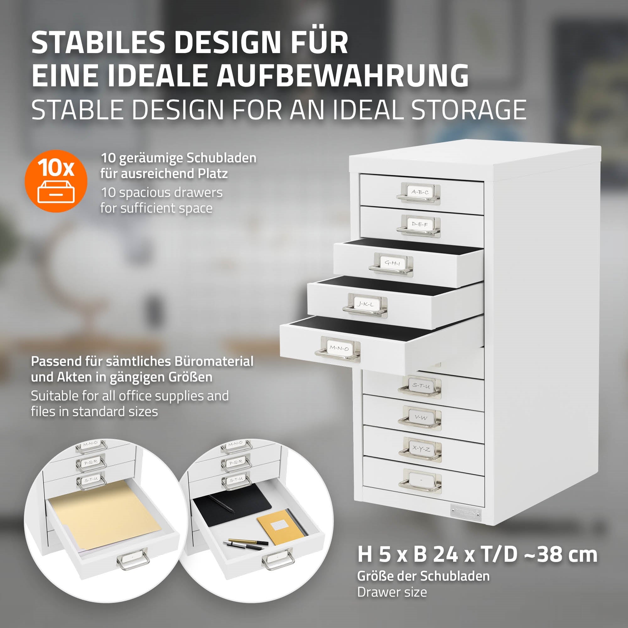 Weißer Schubladenschrank mit 10 Schubladen auf einem hellen Hintergrund.