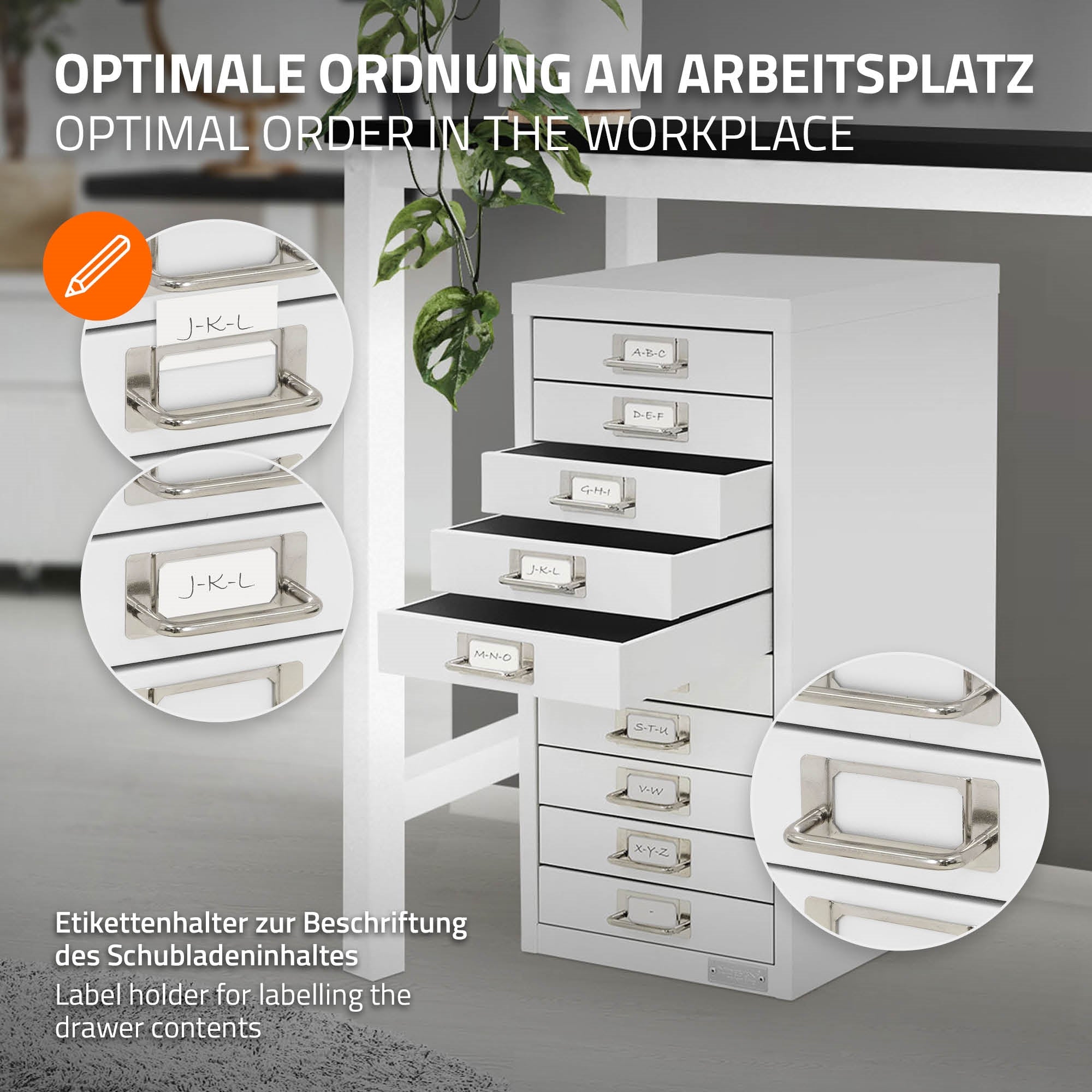 Weißer Aktenschrank mit Schubladen und Etikettenhaltern.