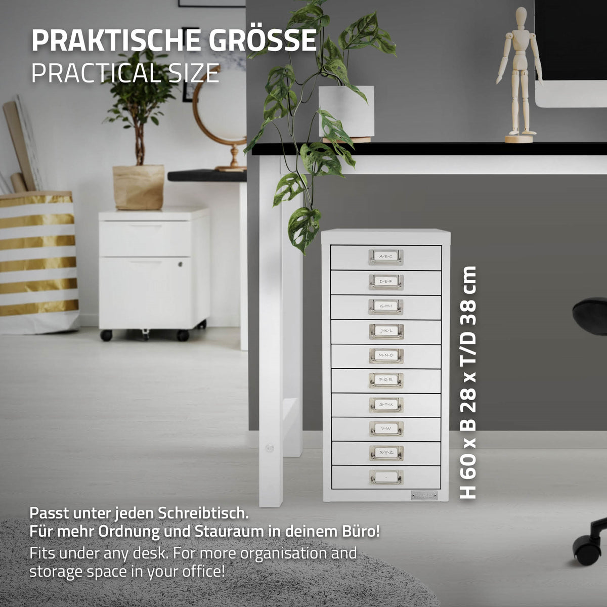 Weißer Schubladenschrank mit 10 Schubladen in einem modernen Büro.