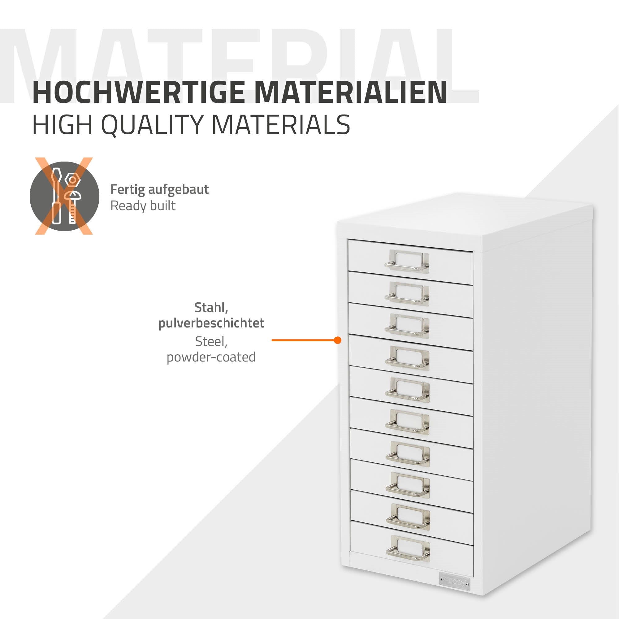 Weißer Schrank mit mehreren Schubladen, aus pulverbeschichtetem Stahl.