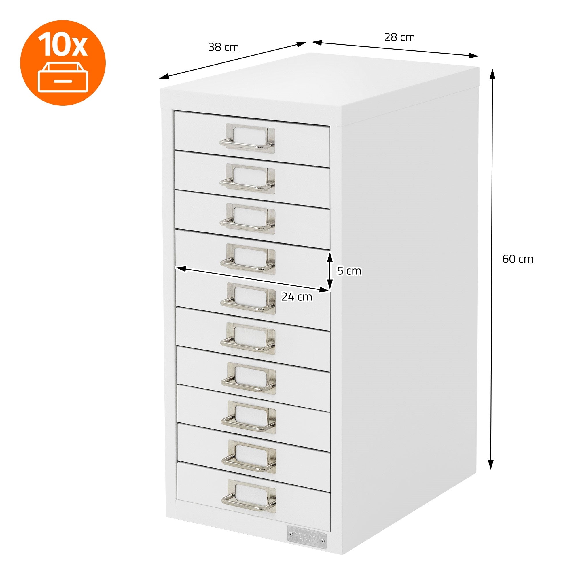 Weißer Schrank mit 10 Schubladen, Abmessungen: 38x28x60 cm.