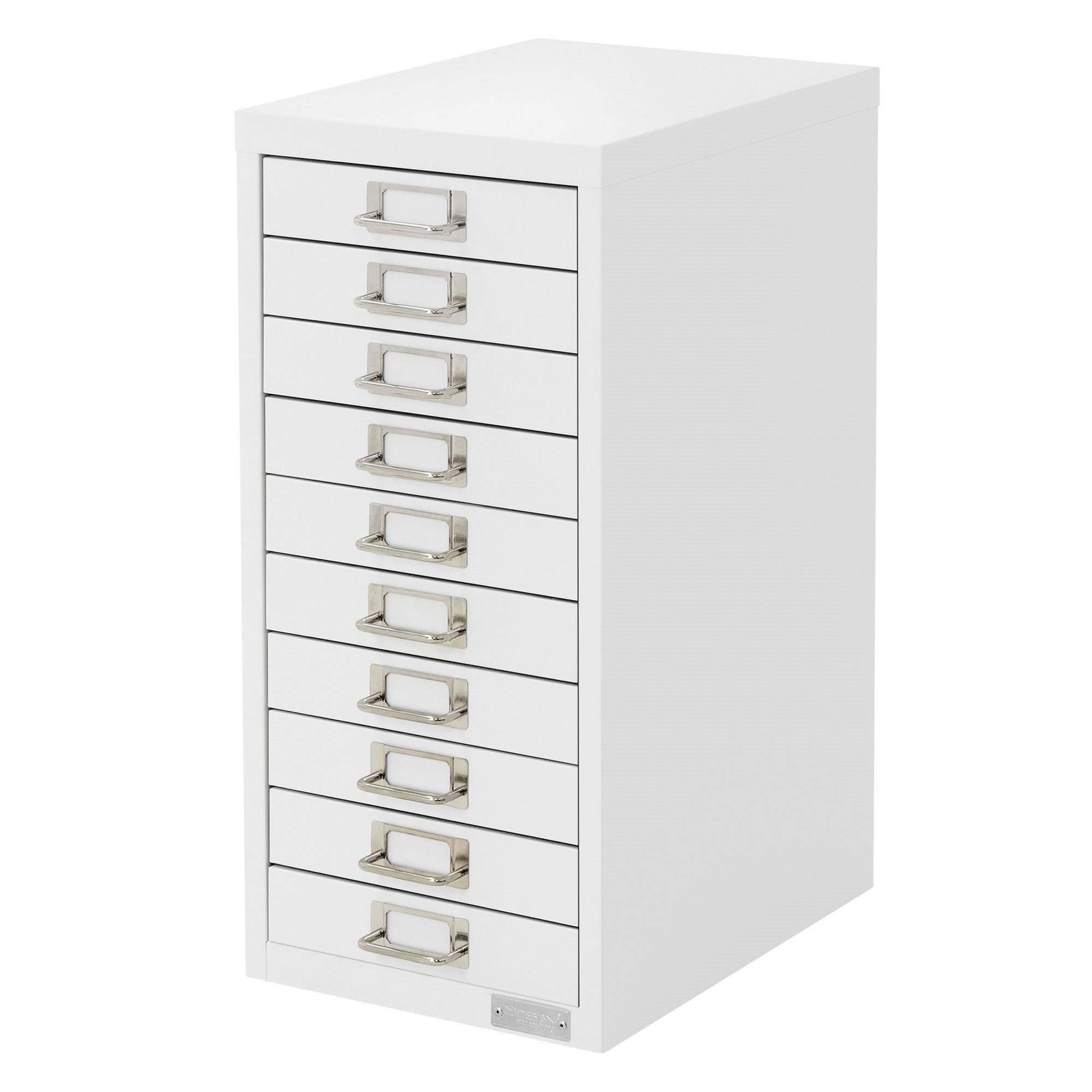 Weißer Schubladenschrank mit zehn Schubladen, modern.
