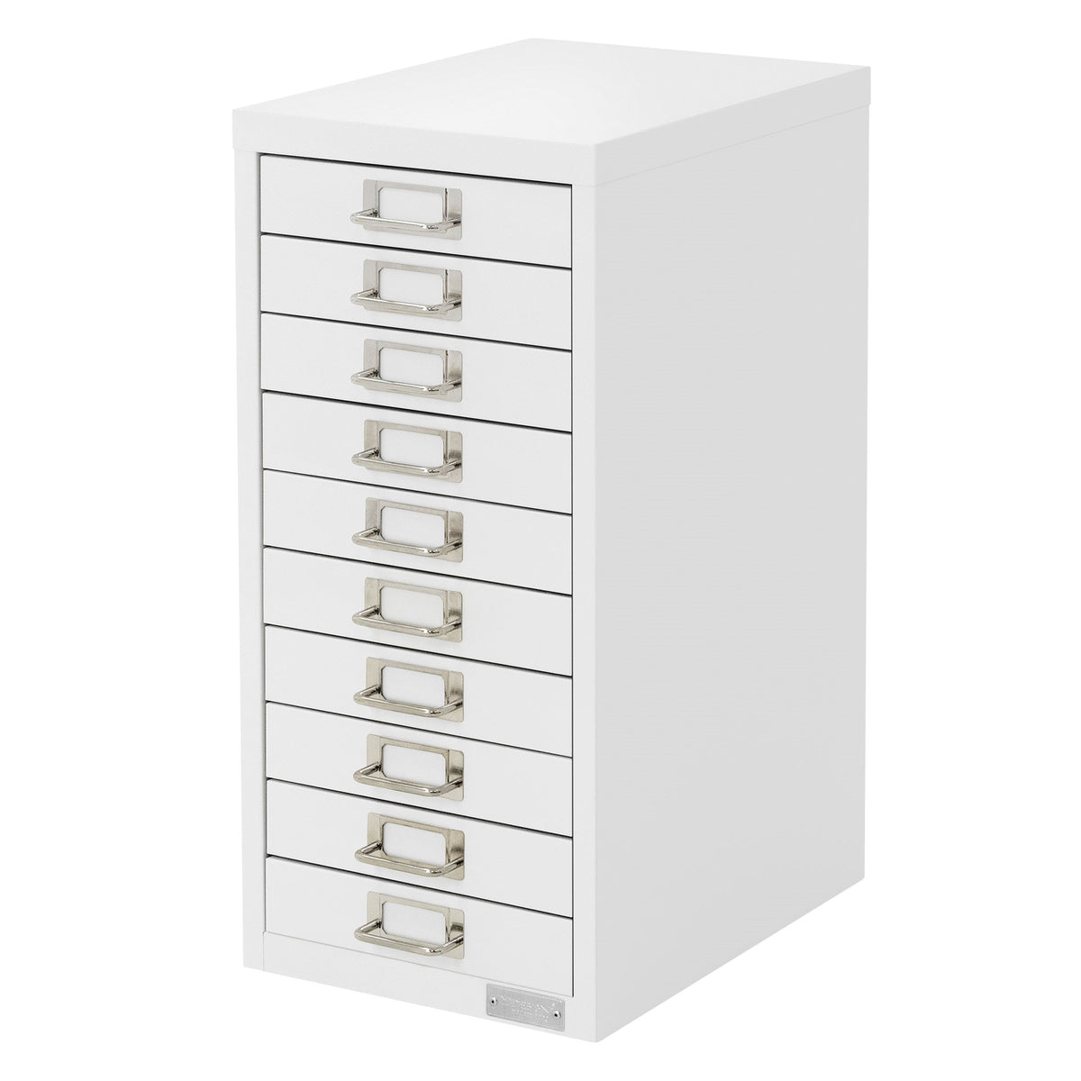Weißer Schubladenschrank mit zehn Schubladen, modern.