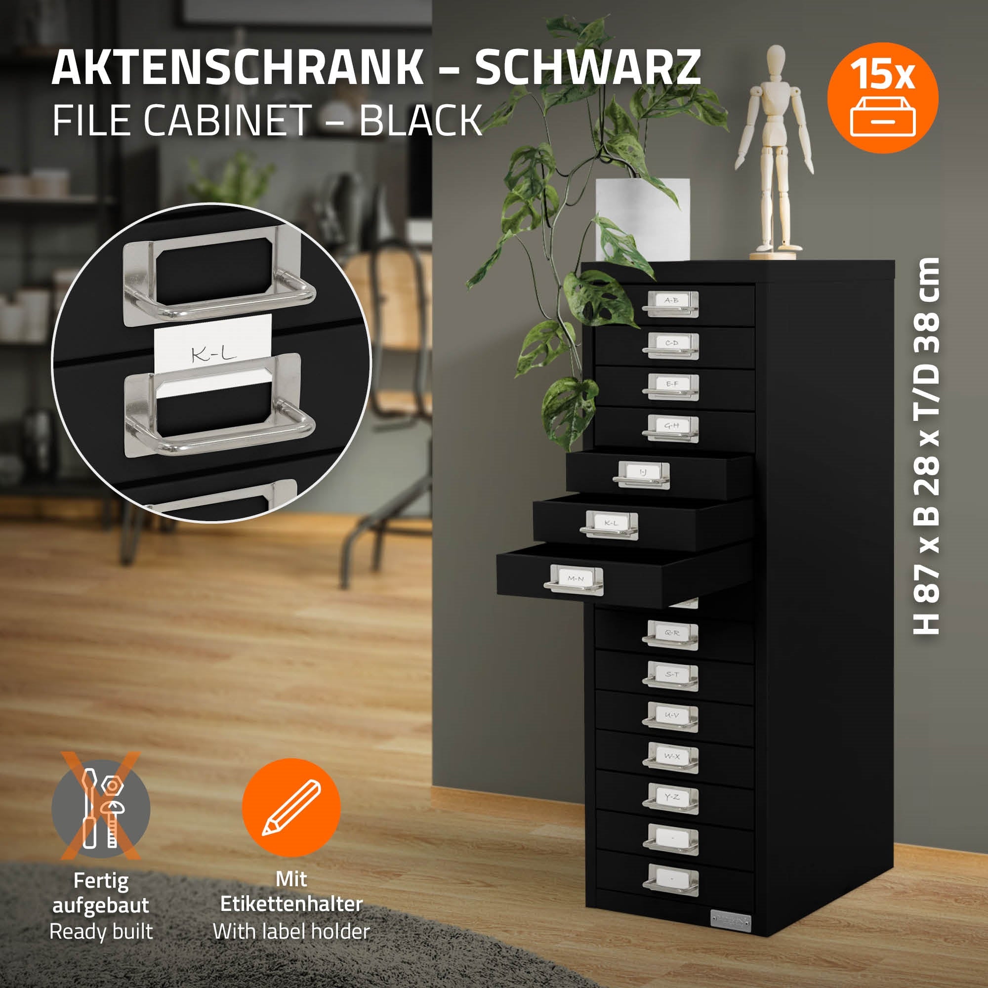 Schwarzer Aktenschrank mit 15 Schubladen und Etikettenhaltern.