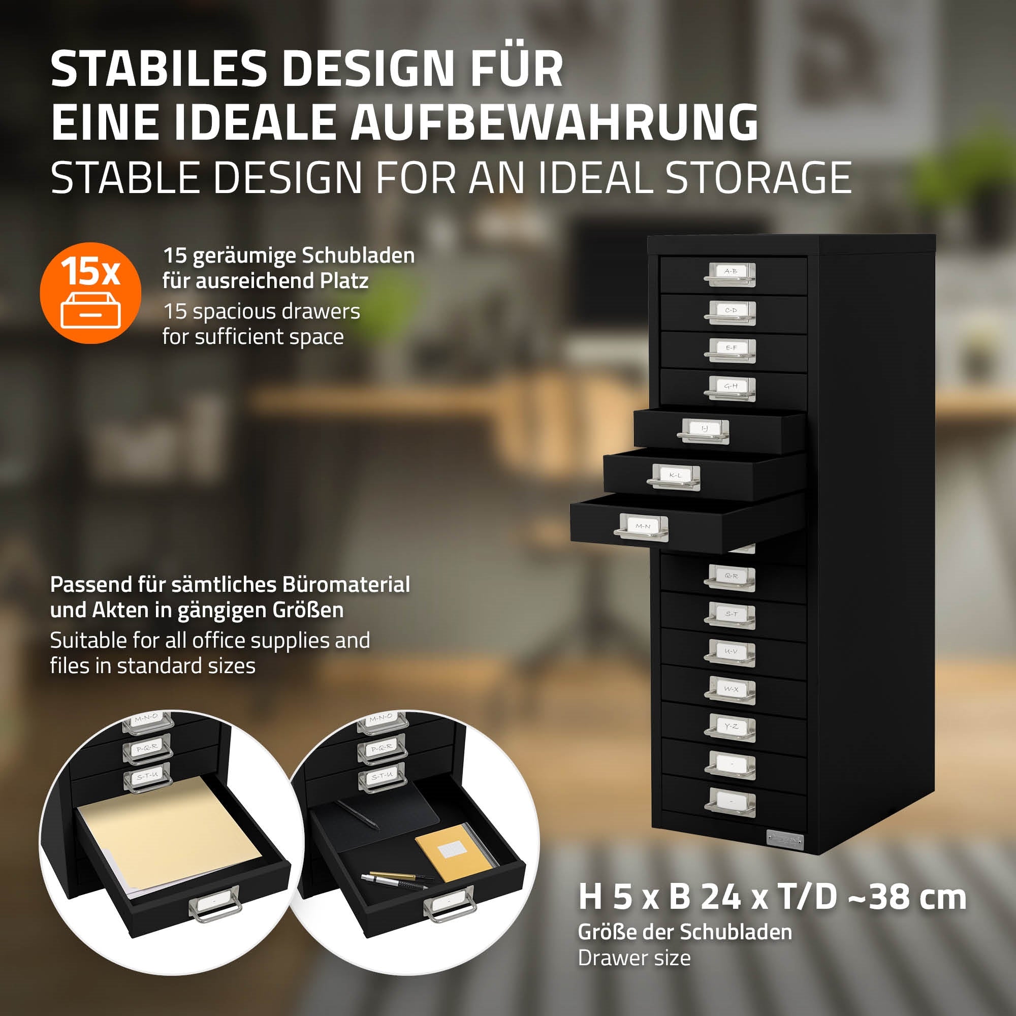 Schwarzer Schubladenschrank mit 15 Schubladen auf einem hellen Hintergrund.