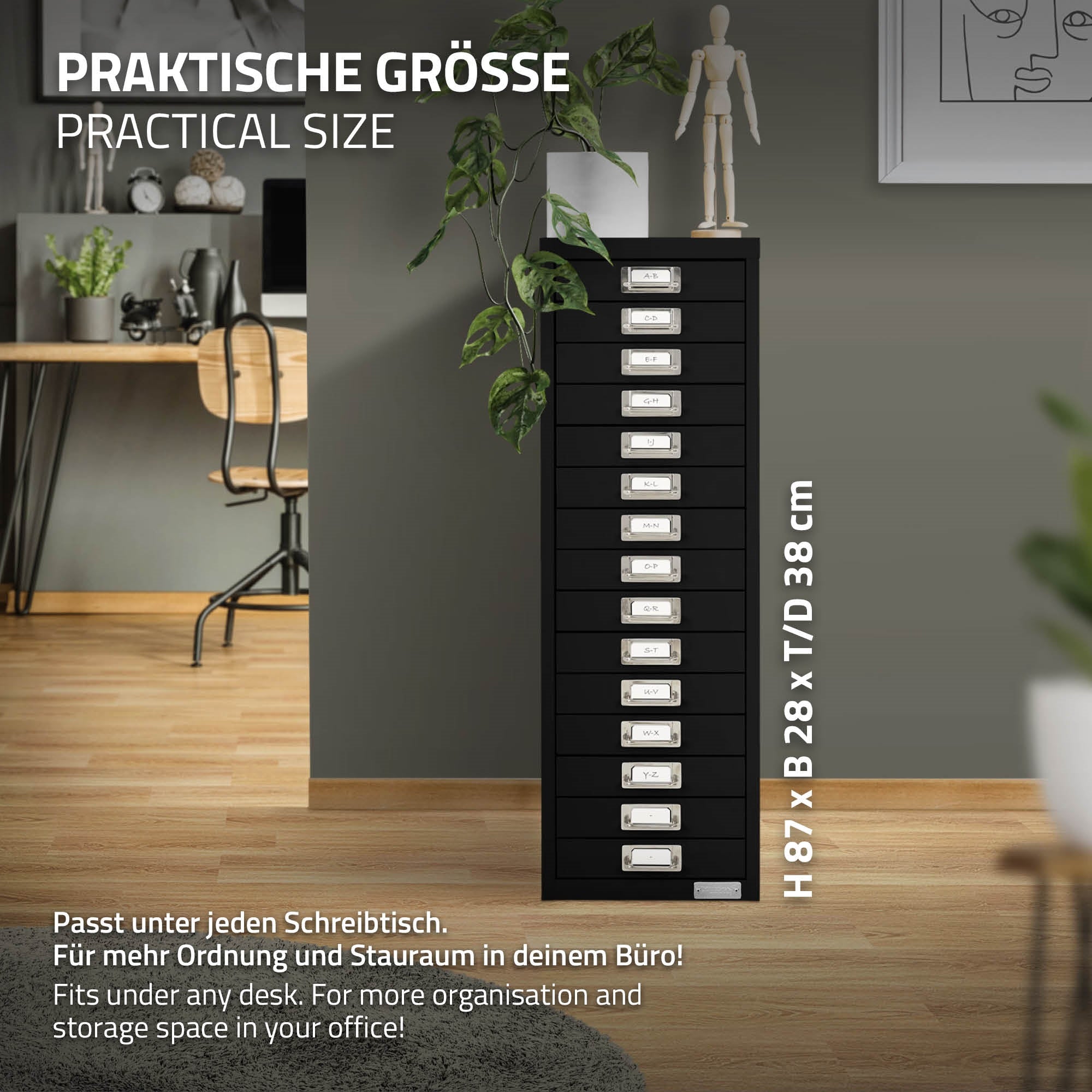 Schwarzer Schubladenschrank mit 15 Schubladen in einem modernen Büro.